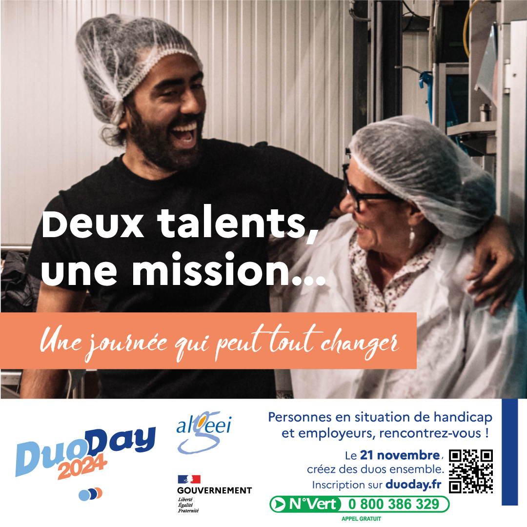 Duoday2024 Deux talents, une mission... Une journée qui peut tout changer. Personnes en situation de handicap et employeurs, rencontrez-vous ! Le 21 novembre, créez des duos ensemble