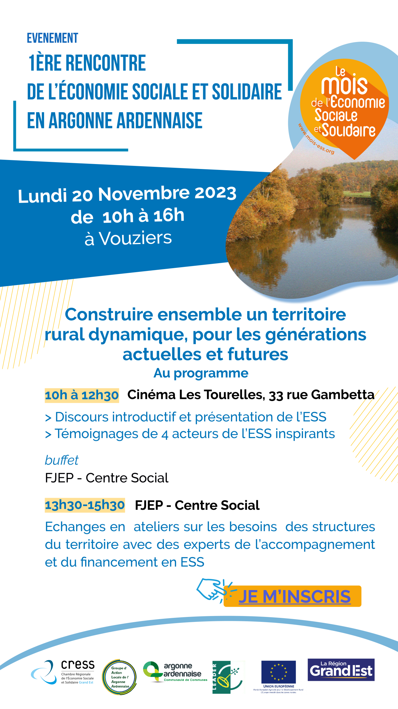 Programme de la journée : • Matin – conférence : découverte de l’ESS et de projets • Buffet le midi • Après-midi – ateliers : réflexion collective entre acteurs associatifs, élus et facilitateurs de projets sur les besoins des structures et du territoire et la manière d’y répondre