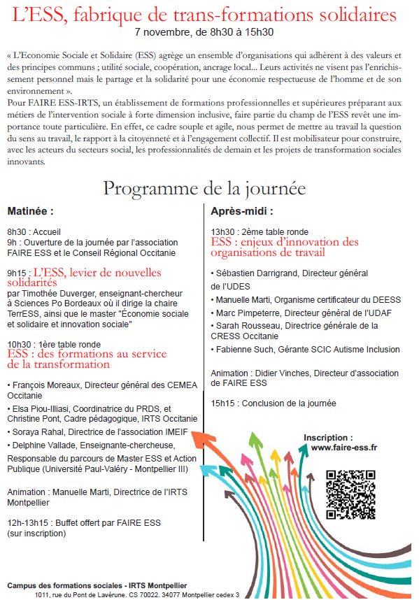 Rencontre ESS, 07 novembre, échanges, débats , réflexions, entrée libre sur inscription