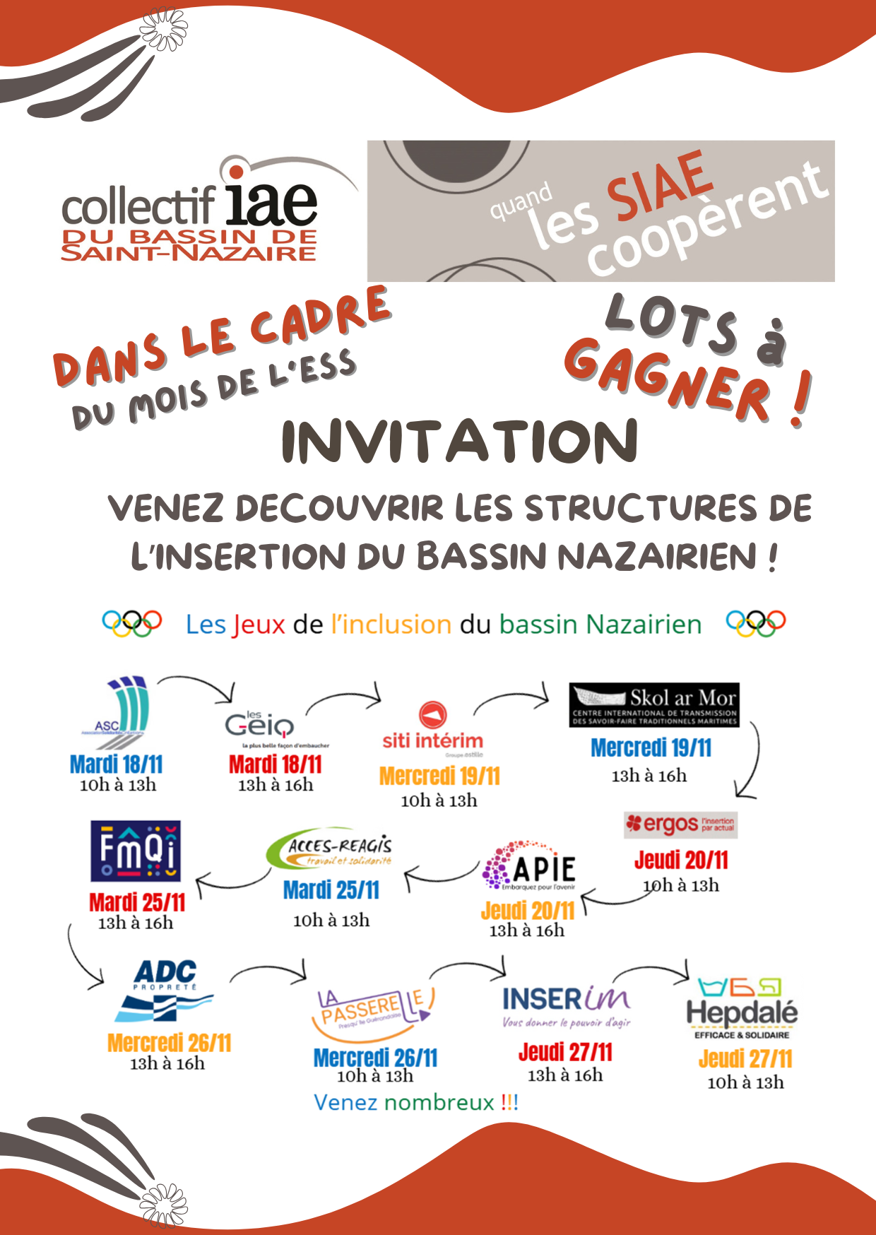 Le planning des Jeux de l'Inclusion Du 18 au 27 novembre, dans les SIAE du territoire
