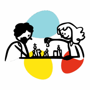 Deux personnages jouent aux échecs sur fond coloré