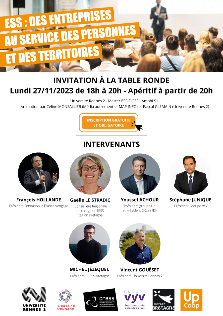 les entreprises de l'ESS au service des personnes et des territoires Invitation table ronde Université Rennes 2