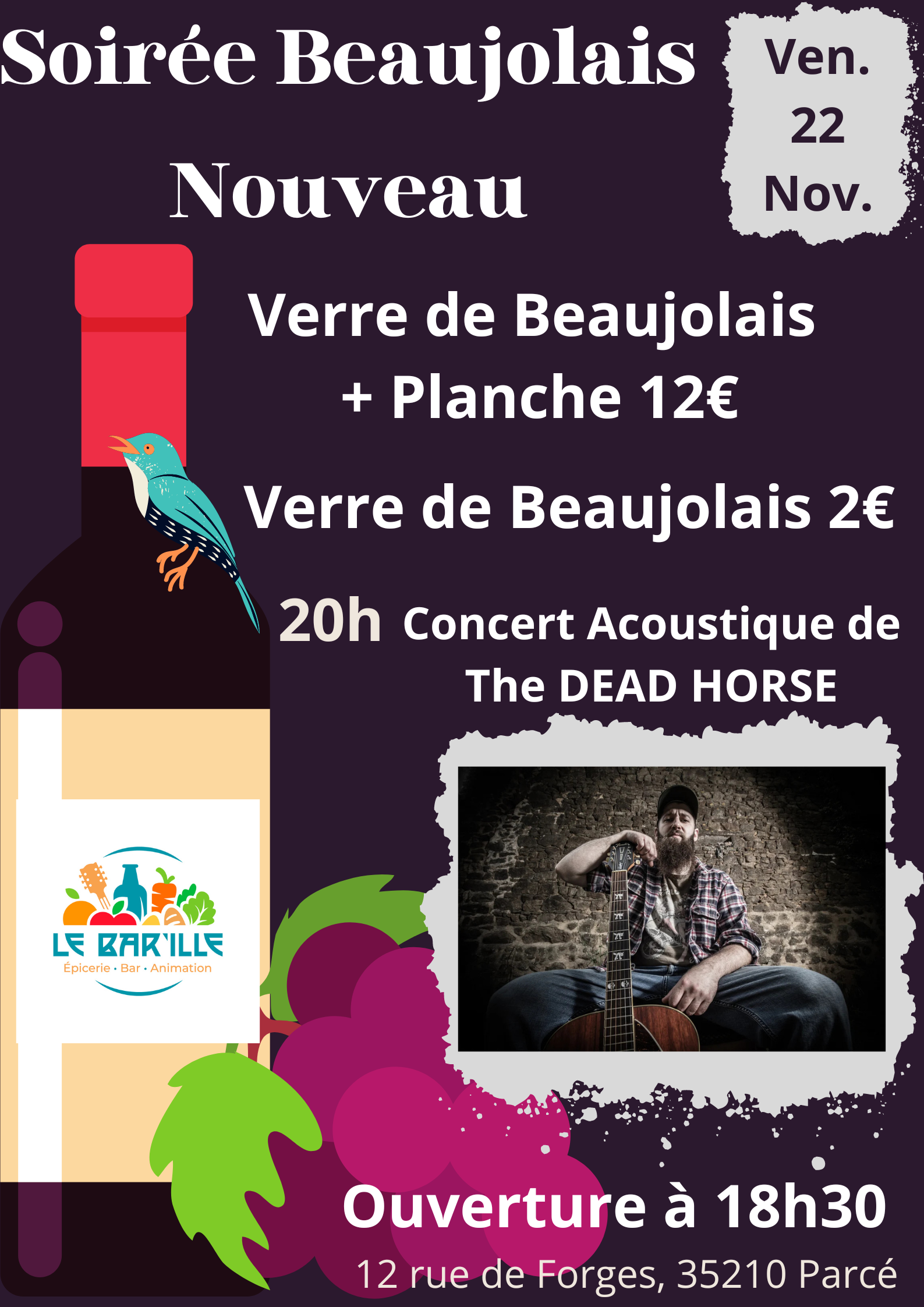 Soirée Beaujolais et Concert Soirée Beaujolais Nouveau au Bar'ille Parcé + Concert Acoustique The DEAD HORSE