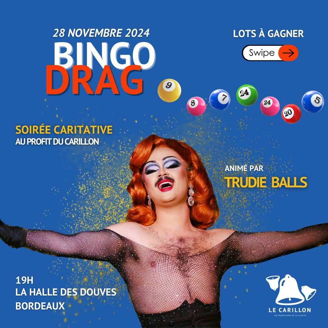 Bingo Drag - Soirée de Fin de Campagne Rejoignez-nous le 28 novembre à 19h à la Halle des Douves pour une soirée inoubliable. Et pour pimenter encore plus l'événement, le bar du Café des Douves sera ouvert pour vous rafraîchir