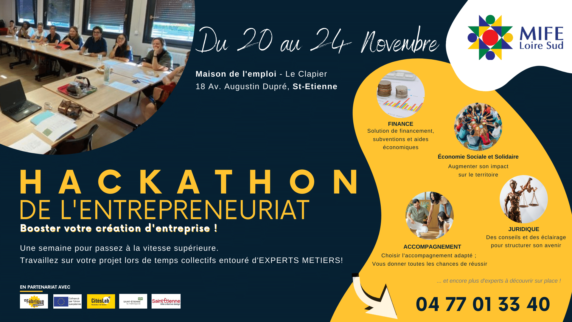 Hackathon de l'entrepreneuriat - Du 20 au 24 nov. 2023 _ MIFE Loire Sud Affiche _ Hackathon 20 au 24 nov 2023 - Saint Etienne - MIFE Loire sud