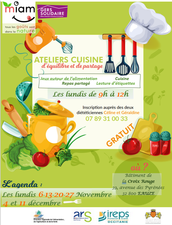 Ateliers diététiques et cuisine Eauze 6 ateliers diététique et cuisine les lundis de novembre et décembre 2023