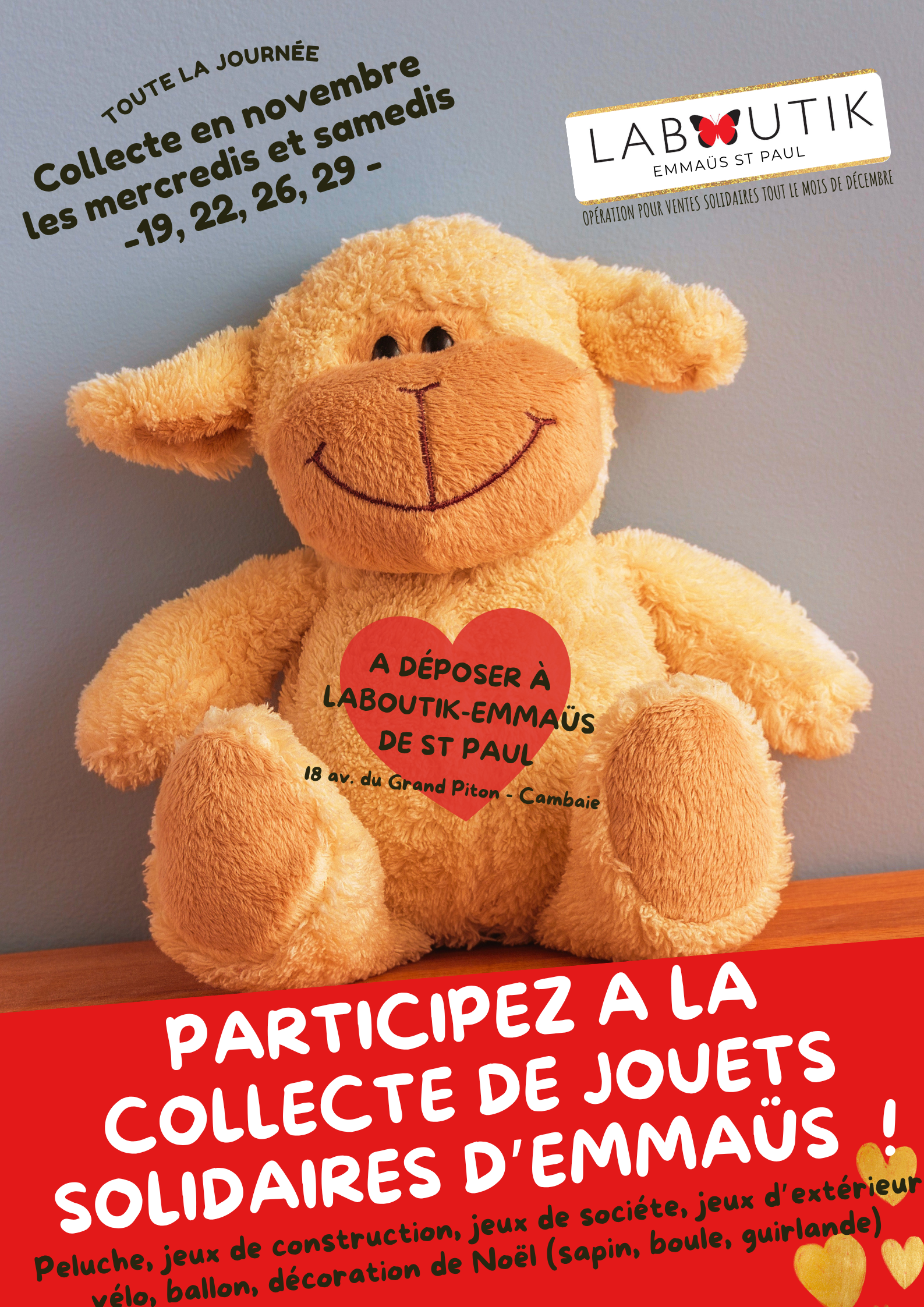 Evenement Emmaüs St Paul Affiche collecte de jouets solidaires Emmaüs St Paul novembre 2025