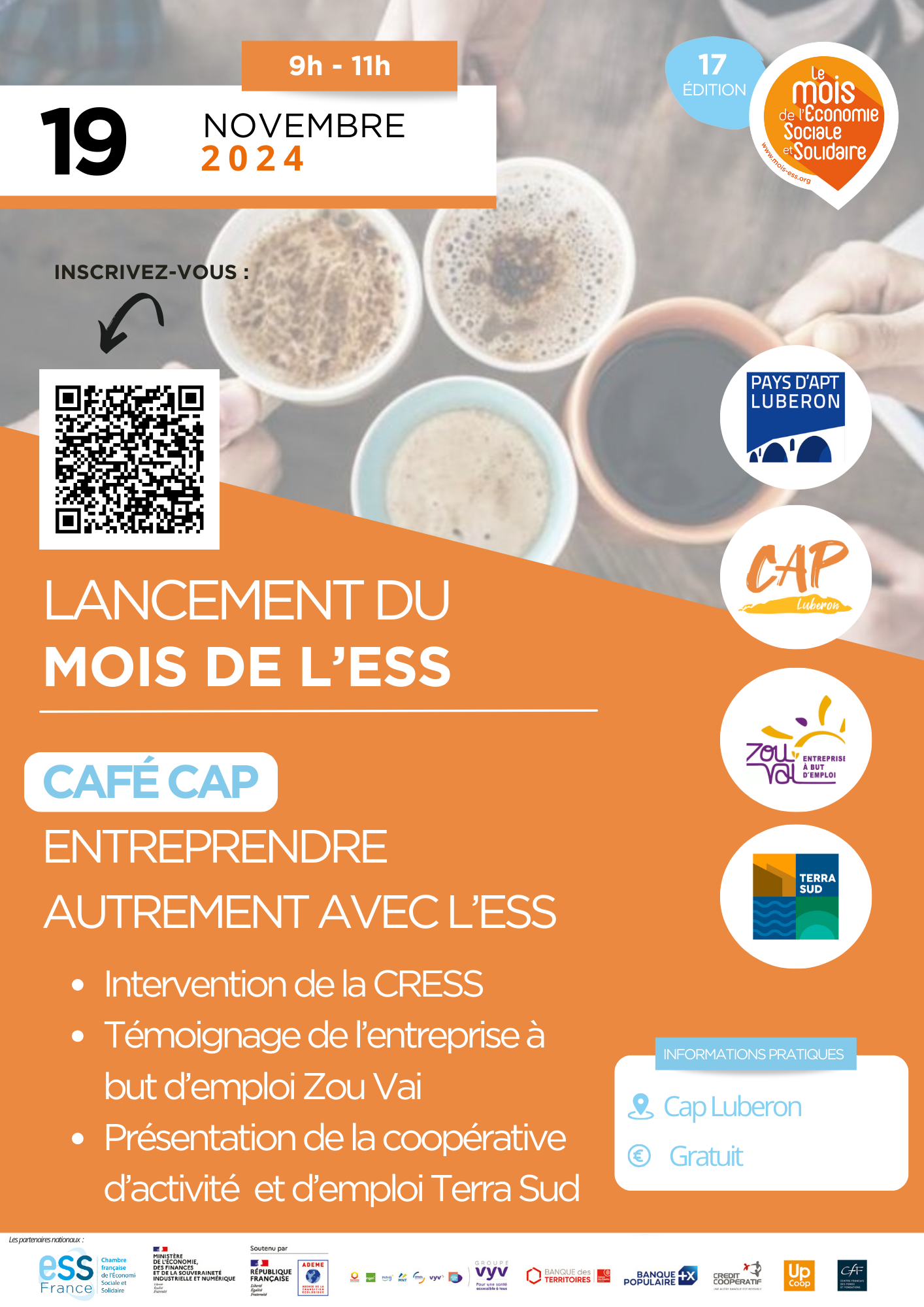 Entreprendre autrement avec l'ESS ! Rejoignez-nous le mardi 19 novembre 2024, de 9h à 11h, à Cap Luberon pour un Café CAP inspirant autour de l'entrepreneuriat dans l'ESS !