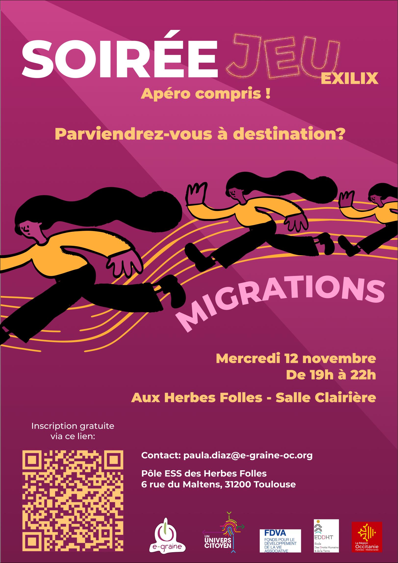 Venez mercredi 12 novembre passer une soirée aux côtés d'e-graine pour faire vivre notre vie associative ! Au menu, le plat : le super jeu de plateau Exilix sur le thème des migrations ! En dessert un espace de convivialité avec apéritif garanti ! (sentez-vous libres d'amener des choses à partager !) Ce sera aussi l'opportunité de venir nous voir dans notre nouveau QG : le Pôle ESS des Herbes Folles ! Nous vous attendons nombreux.euses ! Soirée gratuite et ouverte à tou.tes ! Places limitées !