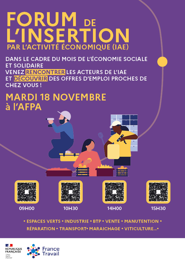 Image violette avec titre "Forum IAE" en jaune et 4 QR Code permettant l'inscription en fonction des horaires.