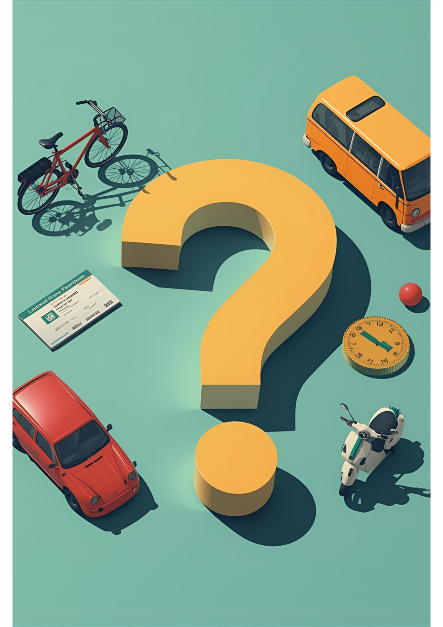 Quelle(s) solution(s) de mobilité pour moi ? Un point d'interrogation avec autour plusieurs véhicules : bus, voiture, vélo et scooter ainsi qu'un document papier pouvant être une carte grise.