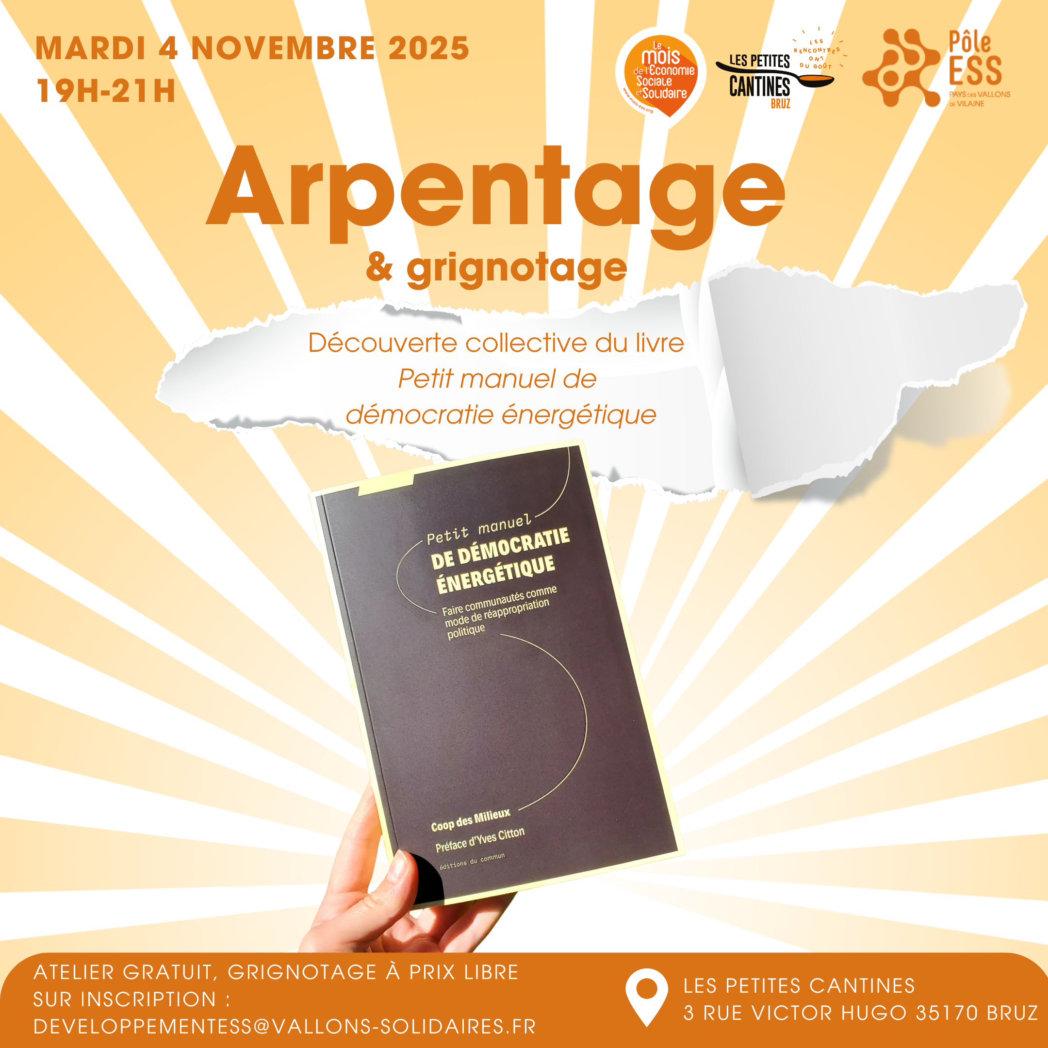 Arpentage du livre "Petit manuel de démocratie énergétique" aux Petites Cantines à Bruz mardi 4 novembre Arpentage aux Petites Cantines mardi 4 novembre