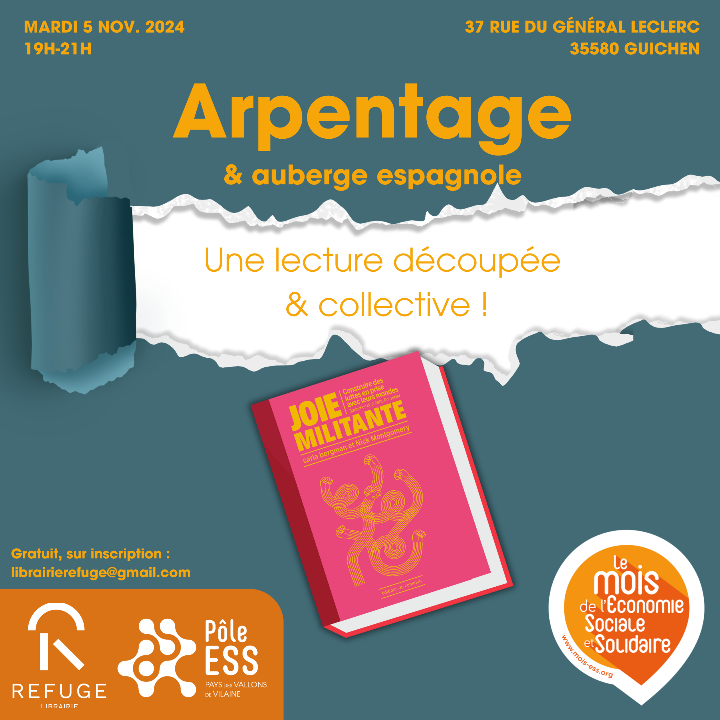 Arpentage du livre "Joie militante" à la Librairie Refuge de Guichen le mardi 5 novembre 2024 Arpentage à la Librairie Refuge de Guichen le mardi 5 novembre 2024
