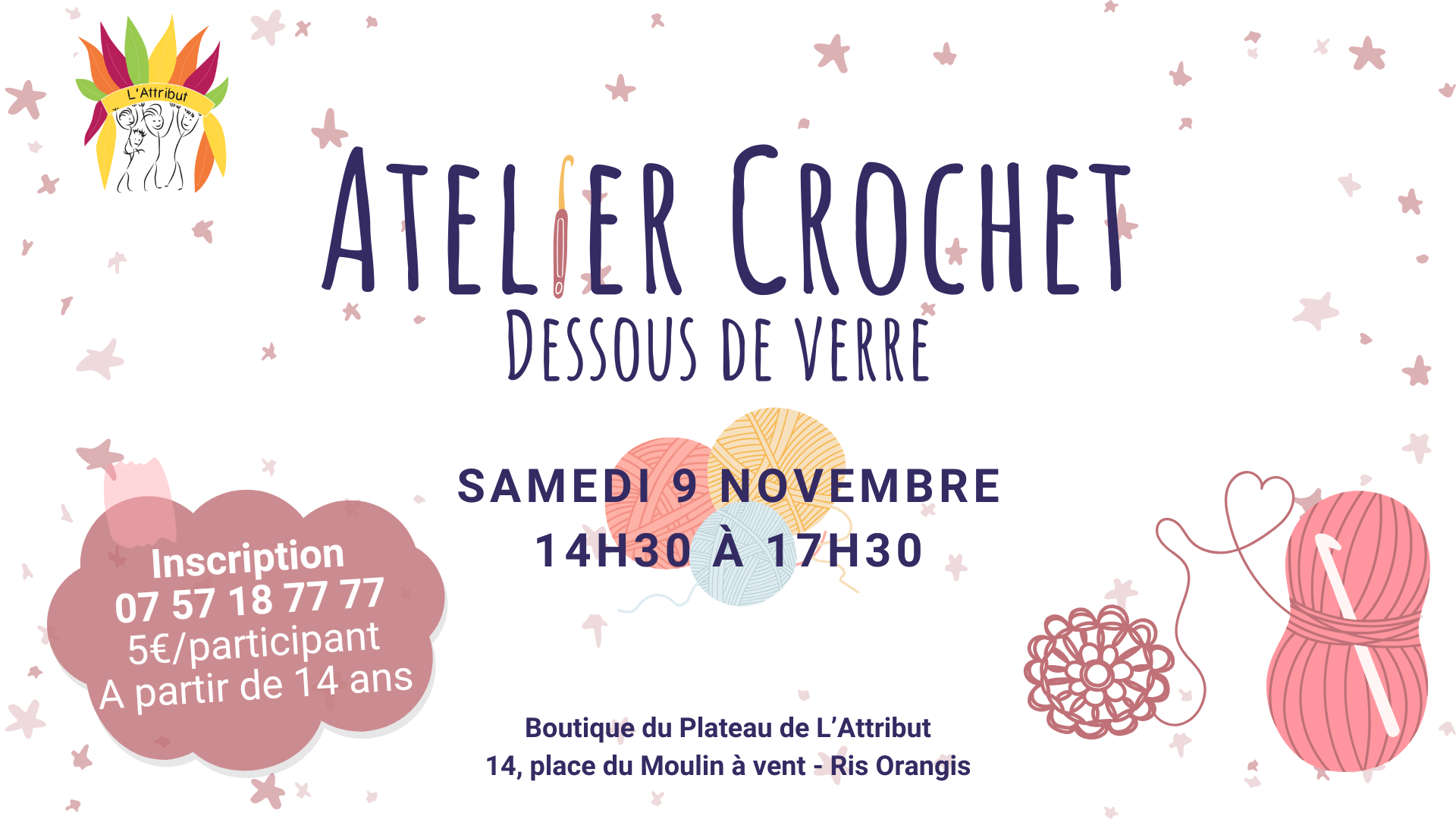 Visuel atelier crochet "dessous de verre" - L'Attribut