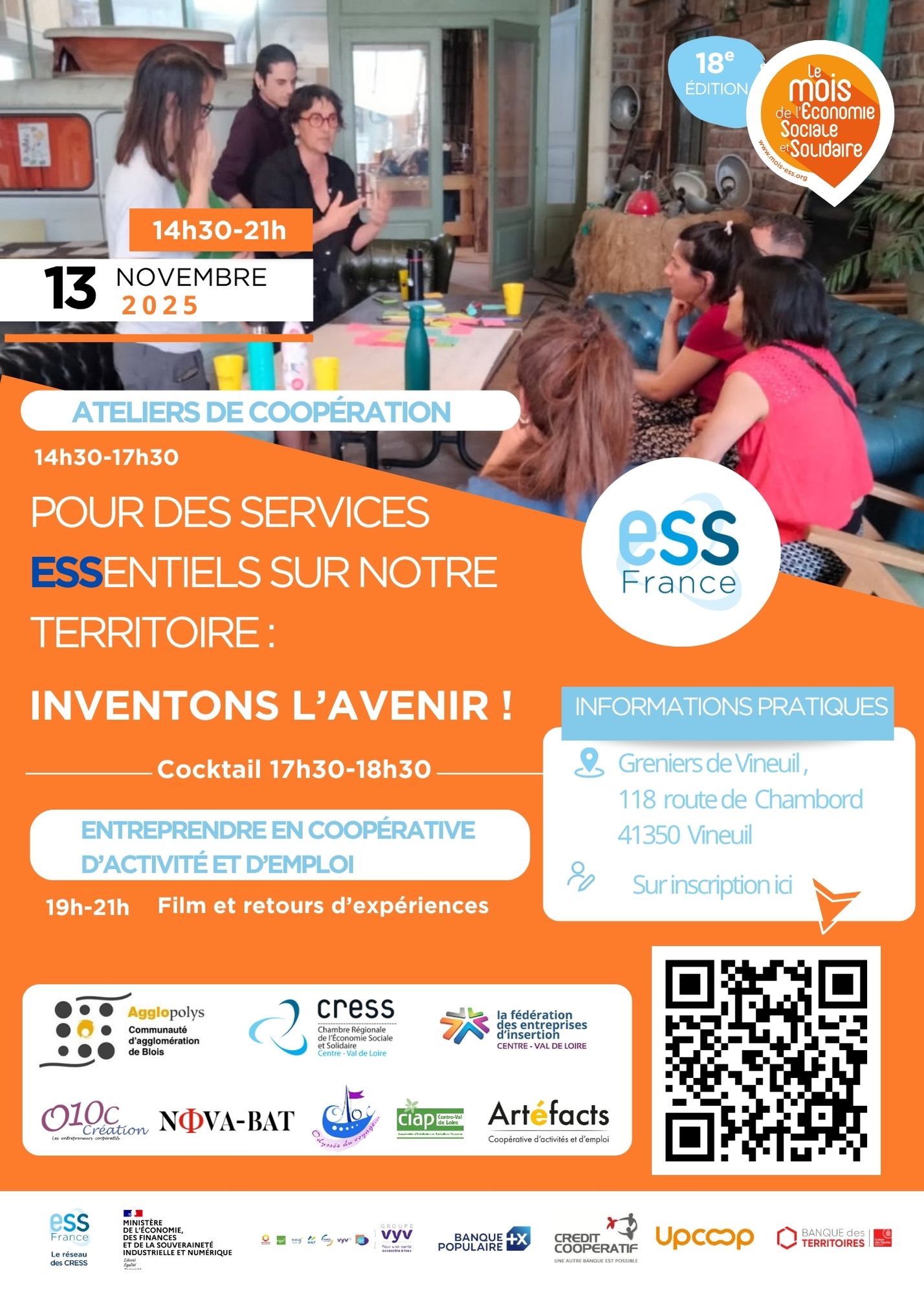 Pour des services ESSentiels sur notre territoire : inventons l'avenir ! Affiche événement du 13 novembre aux Greniers de Vineuil