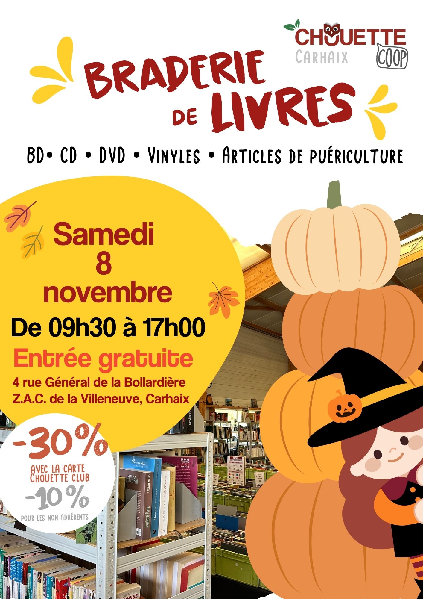 Braderie de livres à Carhaix Une affiche présentant la braderie de livres du samedi 8 novembre à ChouetteCoop Cahraix