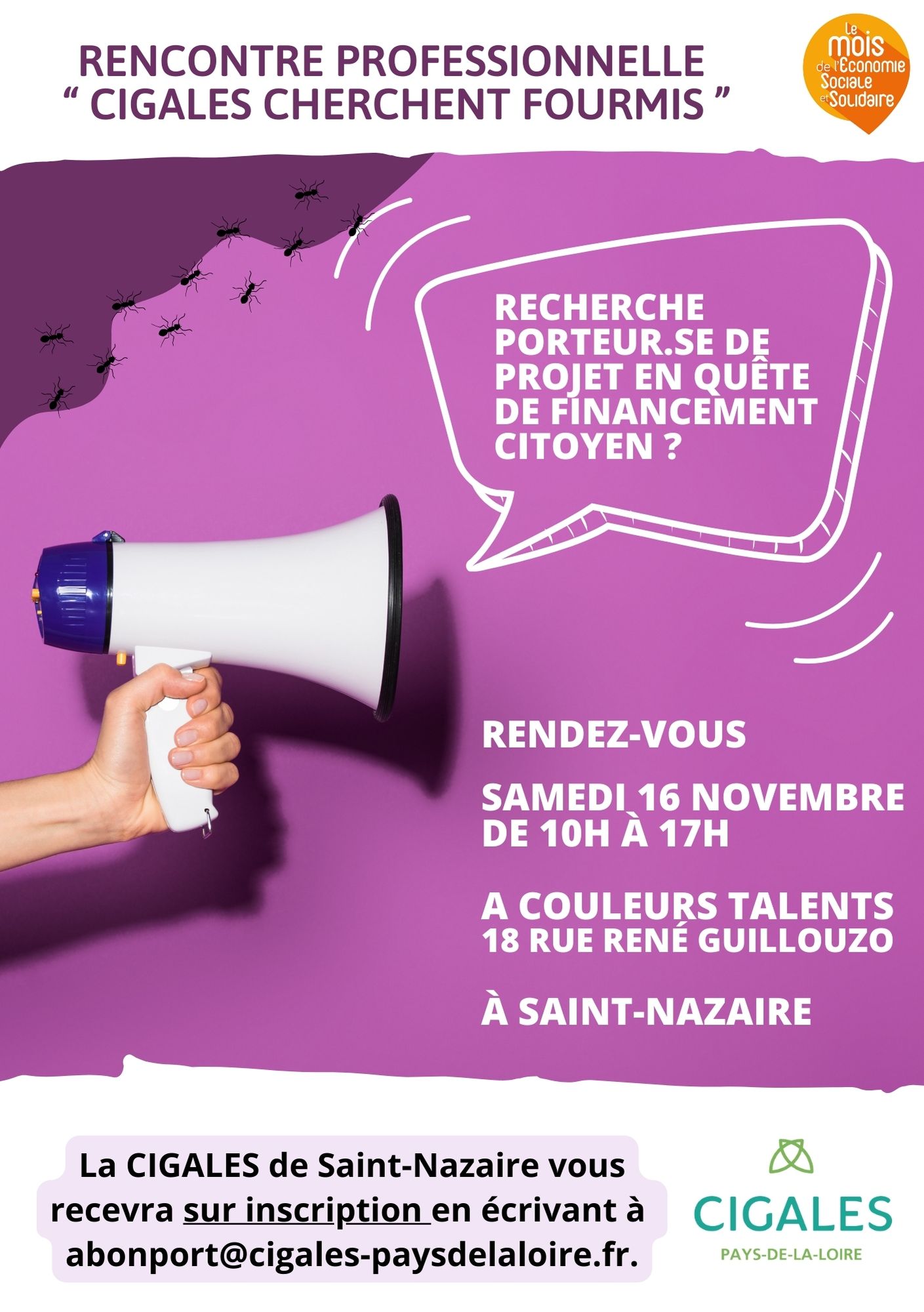 Rencontre professionnelle "CIGALES cherchent fourmis" samedi 16 novembre à Couleurs Talents - Saint Nazaire