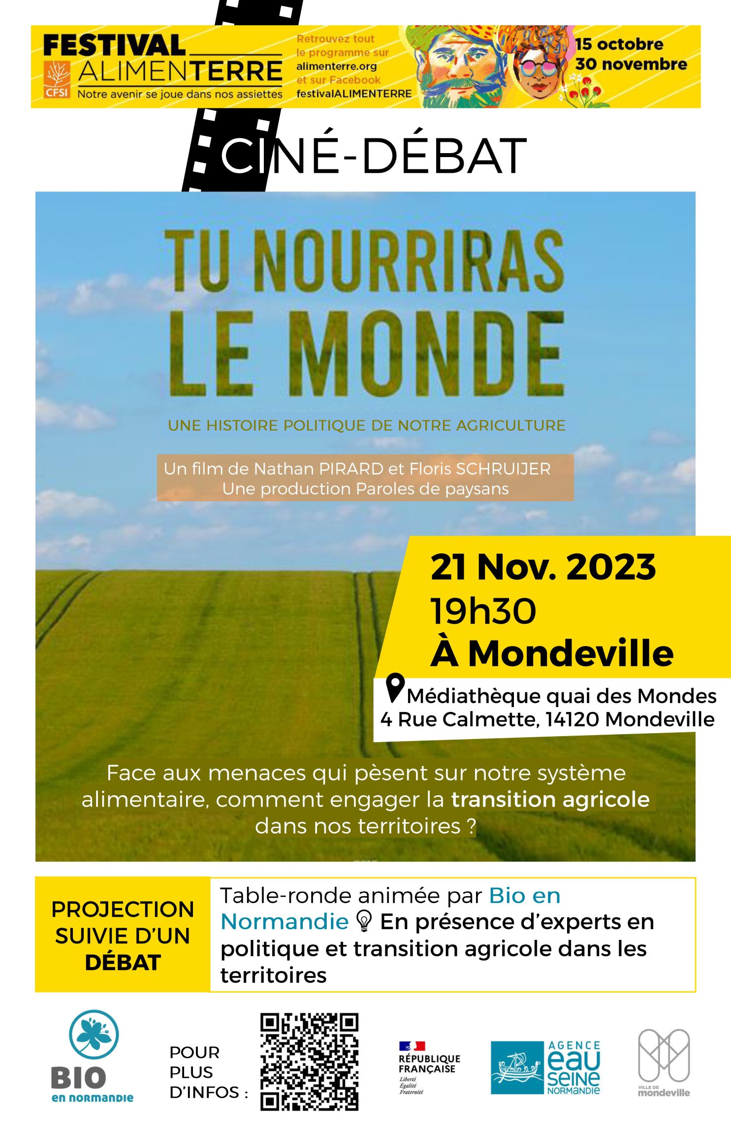 Soirée ciné-débat - Bio en Normandie| Festival ALIMENTERRE Flyer - projection-débat Tu Nourriras le Monde - Mondeville - par Bio en Normandie