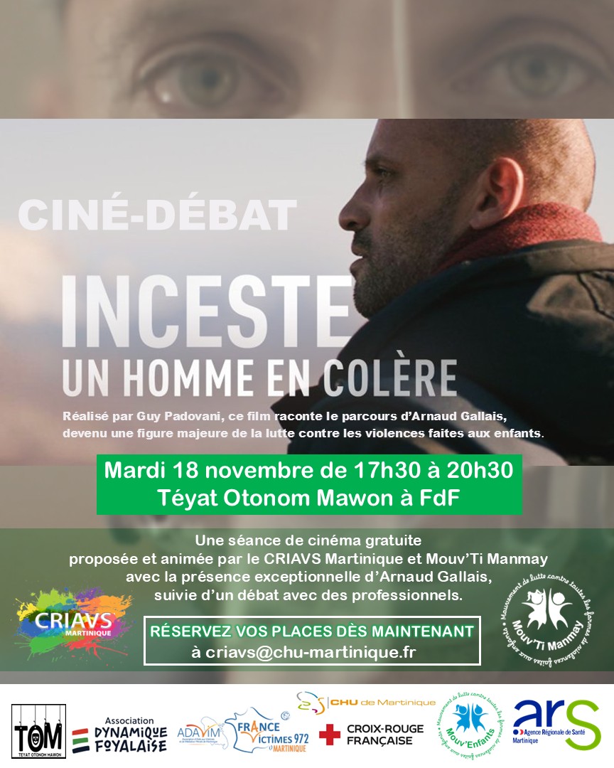 Affiche de sensibilisation sur l’inceste.. Le texte principal indique : « Inceste, un homme en colère ». Les logos des partenaires institutionnels figurent en bas de l’image.