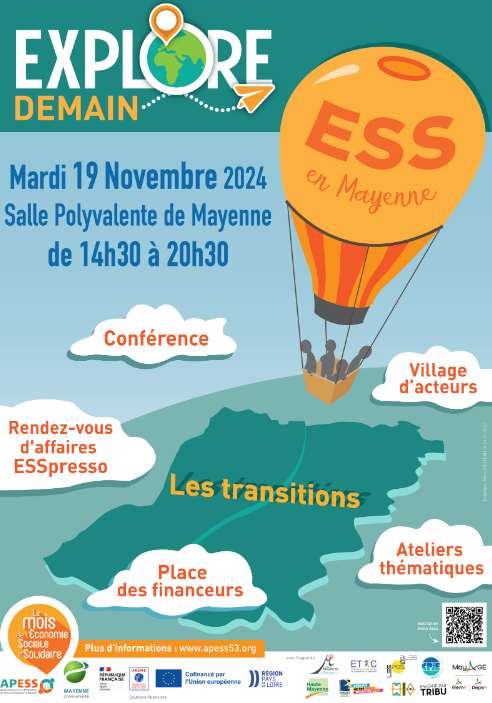 Affiche événement Explore demain Affiche de l'événement Explore demain, avec unt montgolfière estampillée ESS volant au-dessus de Département de la Mayenne