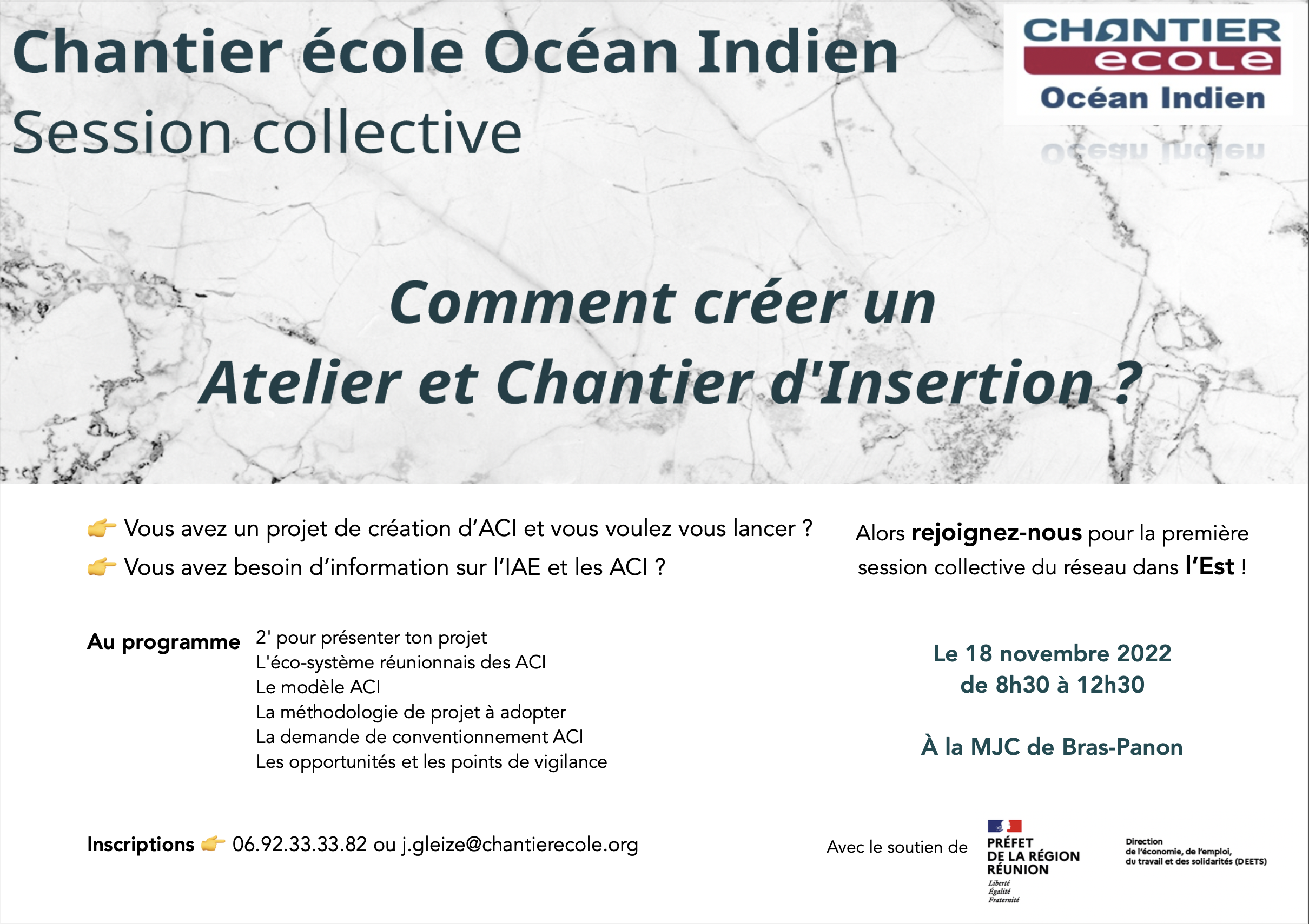 Comment crĂ©er un Atelier et Chantier d'Insertion ? Chantier Ă©cole OcĂ©an Indien vous invite Ă participer Ă sa premiĂšre session d'information collective, comment crĂ©er un ACI ?
