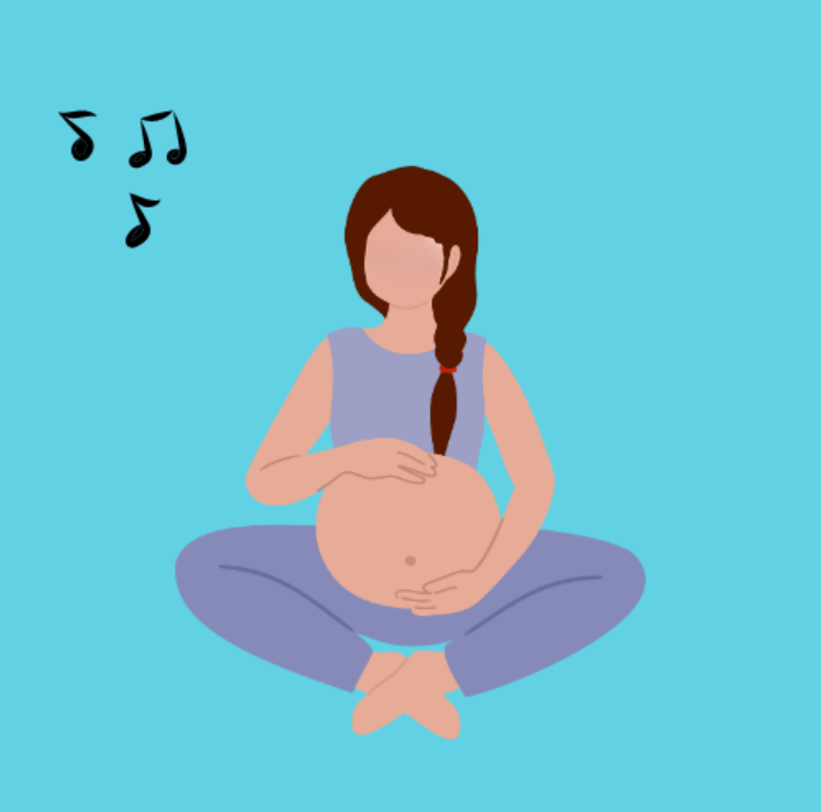 Illustration d'une femme enceinte en tailleur, tenant son ventre. Le fond est bleu ciel.