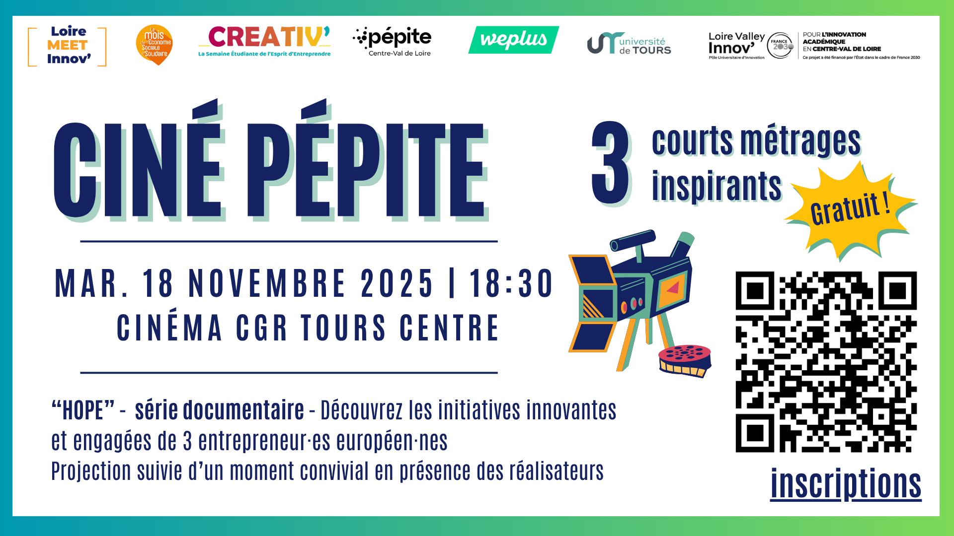 Ciné Pépite Ciné Pépite - Projection de 3 courts métrages inspirants sur des jeunes entrepreneur·es européen·nes. Rendez-vous mardi 18 novembre 2025 à 18h30 au cinéma CGR Centre à Tours