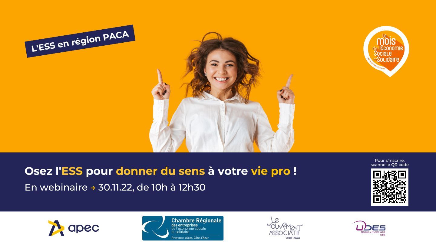 Grand angle sur l'ESS en PACA avec l'APEC et ses partenaires Le 30 novembre, nous vous attendons pour une matinale Grand angle sur l'ESS en PACA. Vous qui voulez tout savoir sur l'ESS en PACA, cet événement est pour vous 😊 Nous aborderons les points suivants: - Présentation de la Maison ESS Sud - L’ESS de quoi parle-t-on ? Définition, principes et valeurs à connaitre - Quelles sont les attentes et exigences des employeurs de l’ESS ? - Tour d’horizon sur l’emploi dans l’ESS : où trouvez les infos, les offres et pourquoi pas des forme