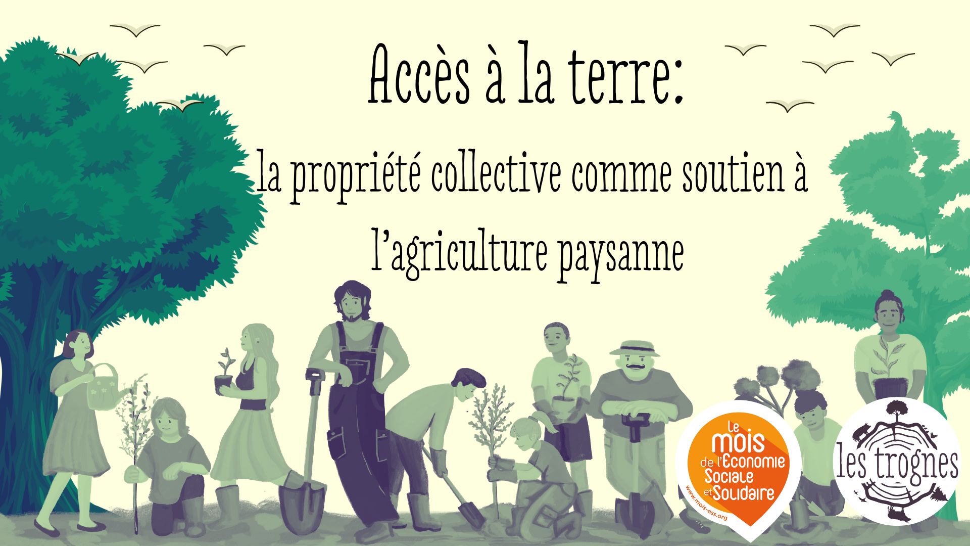 Titre de l'évènement avec une illustration avec des arbres et des citoyens jardiniers