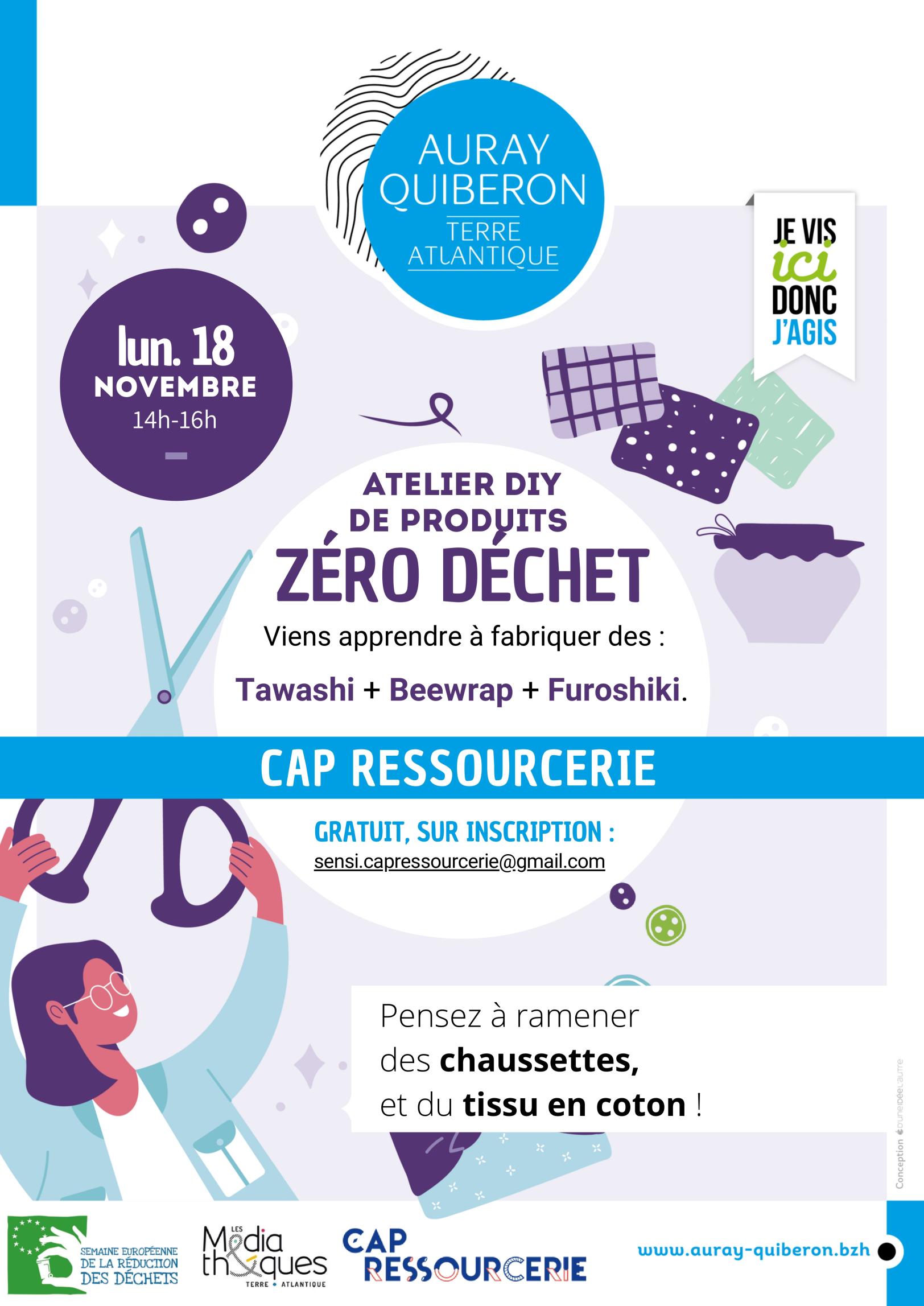 C'est le moment d'apprendre des recettes zéro déchet. Dans cet atelier tu apprendras à fabriquer : - des Tawashis, à partir de chaussettes, - des Beewraps, des emballages réutilisables avec de la cire d'abeille, - et des Furoshikis, pour emballer vos cadeaux avec de jolis tissus et des beaux pliages, Pour vous inscrire : sensi.capressourcerie@gmail.com