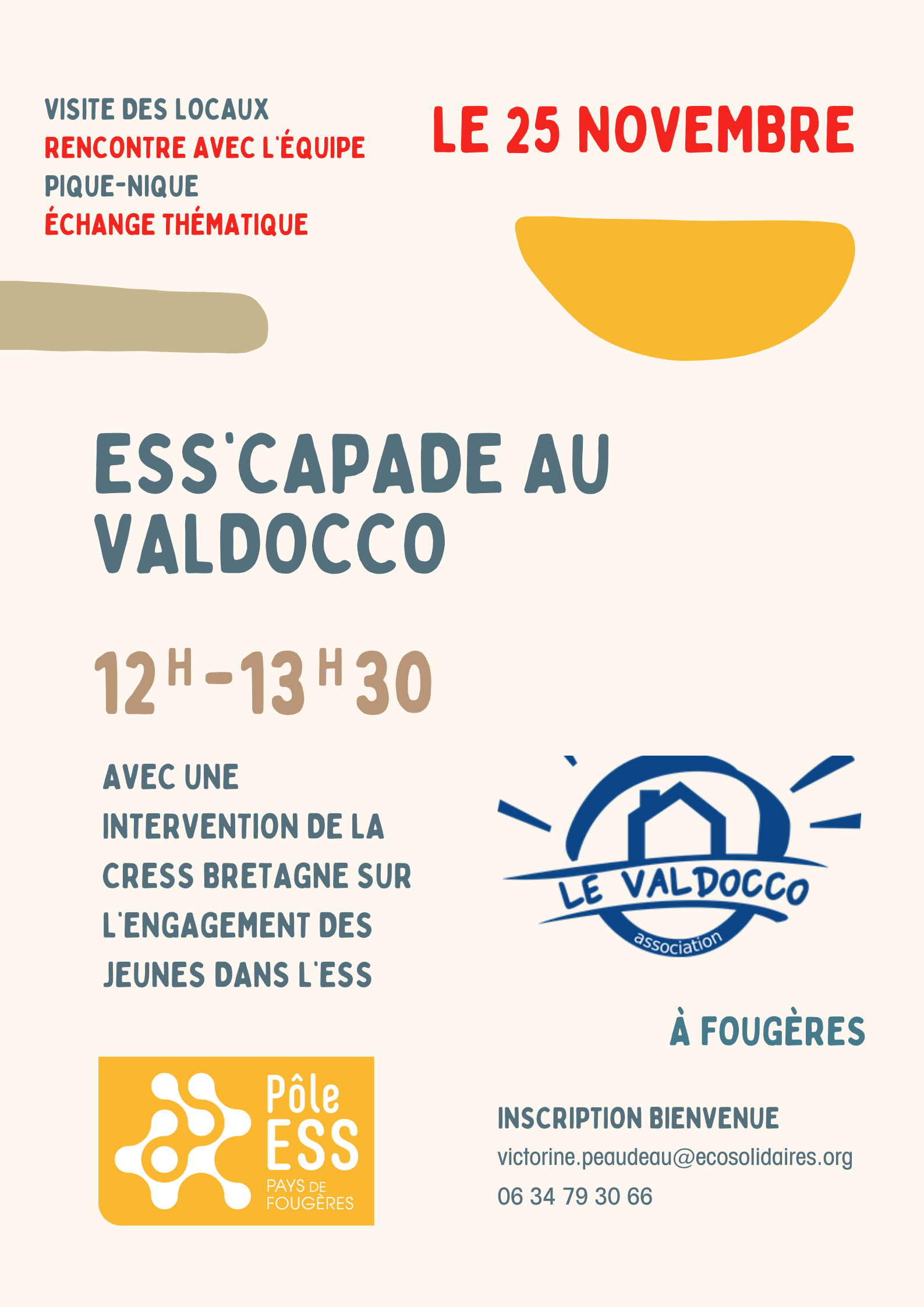 ESS'capade au Valdocco : le 25 novembre de 12h à 13h30. Visite et découverte de l'association. Échange avec la CRESS Bretagne sur l'engagement des jeunes dans l'ESS.