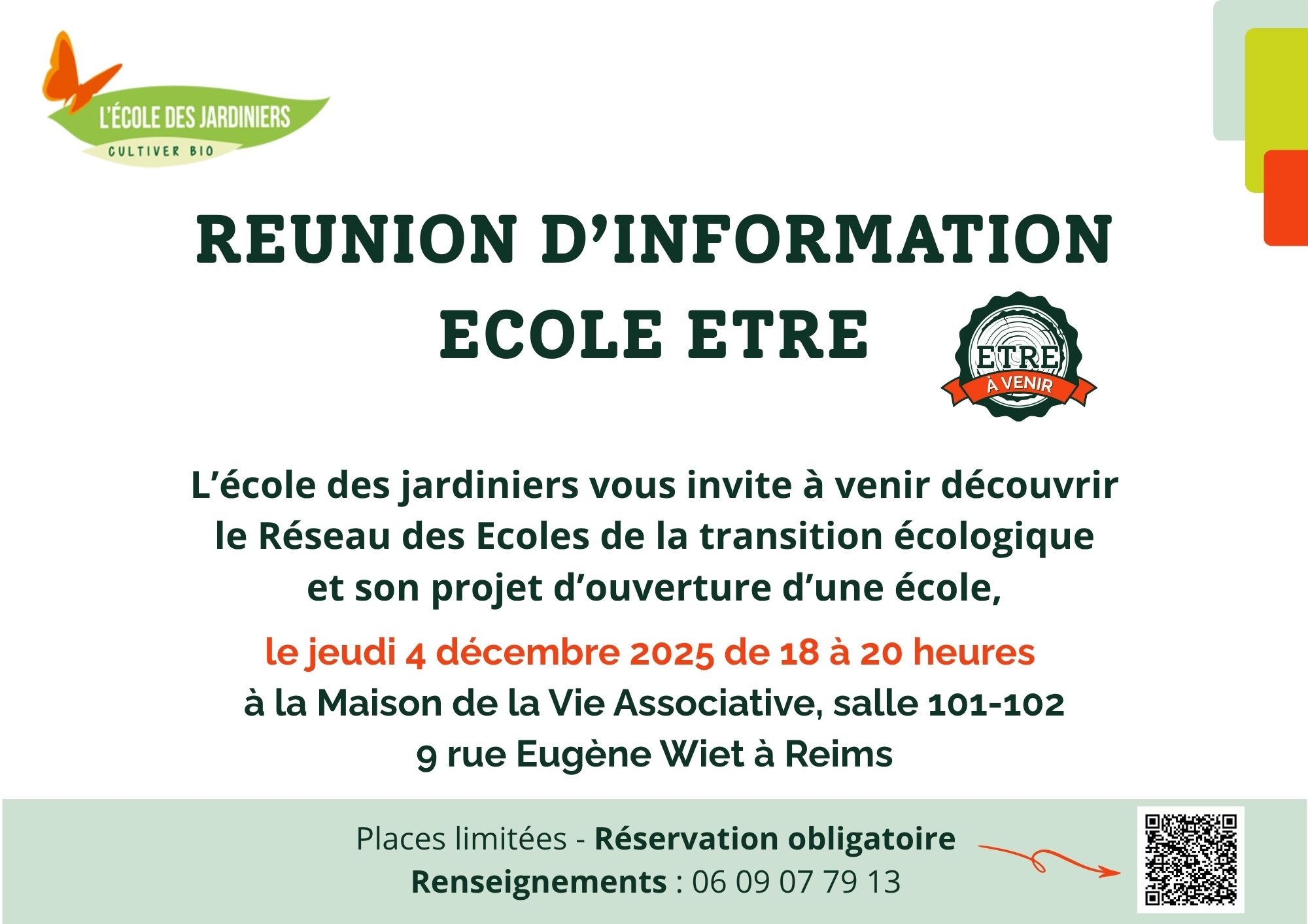 Affiche relative à la Réunion d'information Ecole ETRE - Marne à venir du 4 décembre 2025 / MVA - Reims