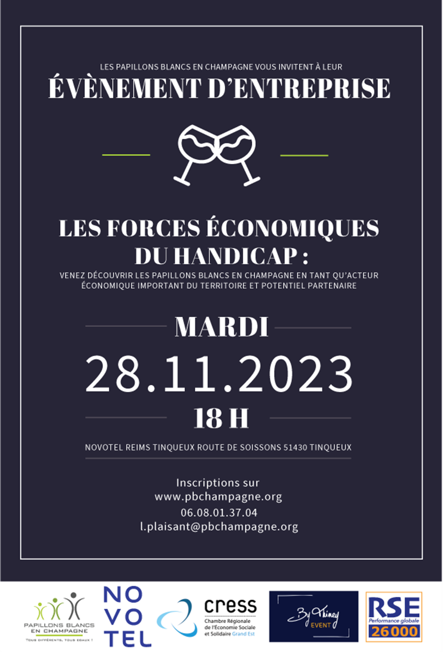 Les Forces Economiques du Handicap Cette année, l’évènement aura pour thème « Les Forces Économiques du Handicap » et pour objectif de vous apporter des réponses concrètes aux questions que vous vous posez en tant qu’acteur économique du territoire sur les difficultés de recrutement, l’optimisation des coûts de fabrication, la mise en place des partenariats d’affaires locaux, et la réalisation efficace de vos engagements RSE. Différents thèmes seront abordés lors de cette soirée : le poids économique du secteur médico-social, le portrait des