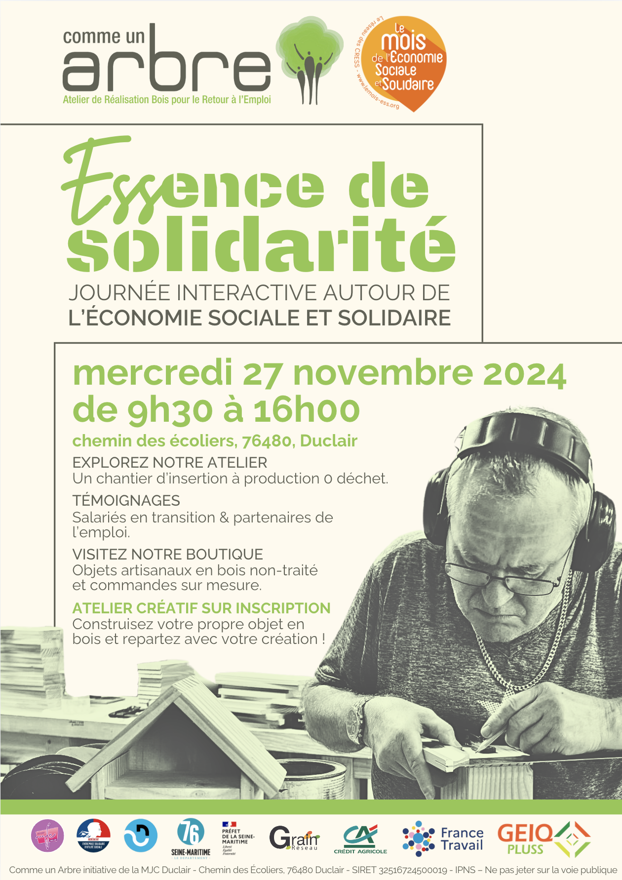 Essence de solidarité - le 27 novembre 2024 - Comme un Arbre à Duclair Essence de solidarité - le 27 novembre 2024 - Comme un Arbre à Duclair. De 9h30 à 16h00.