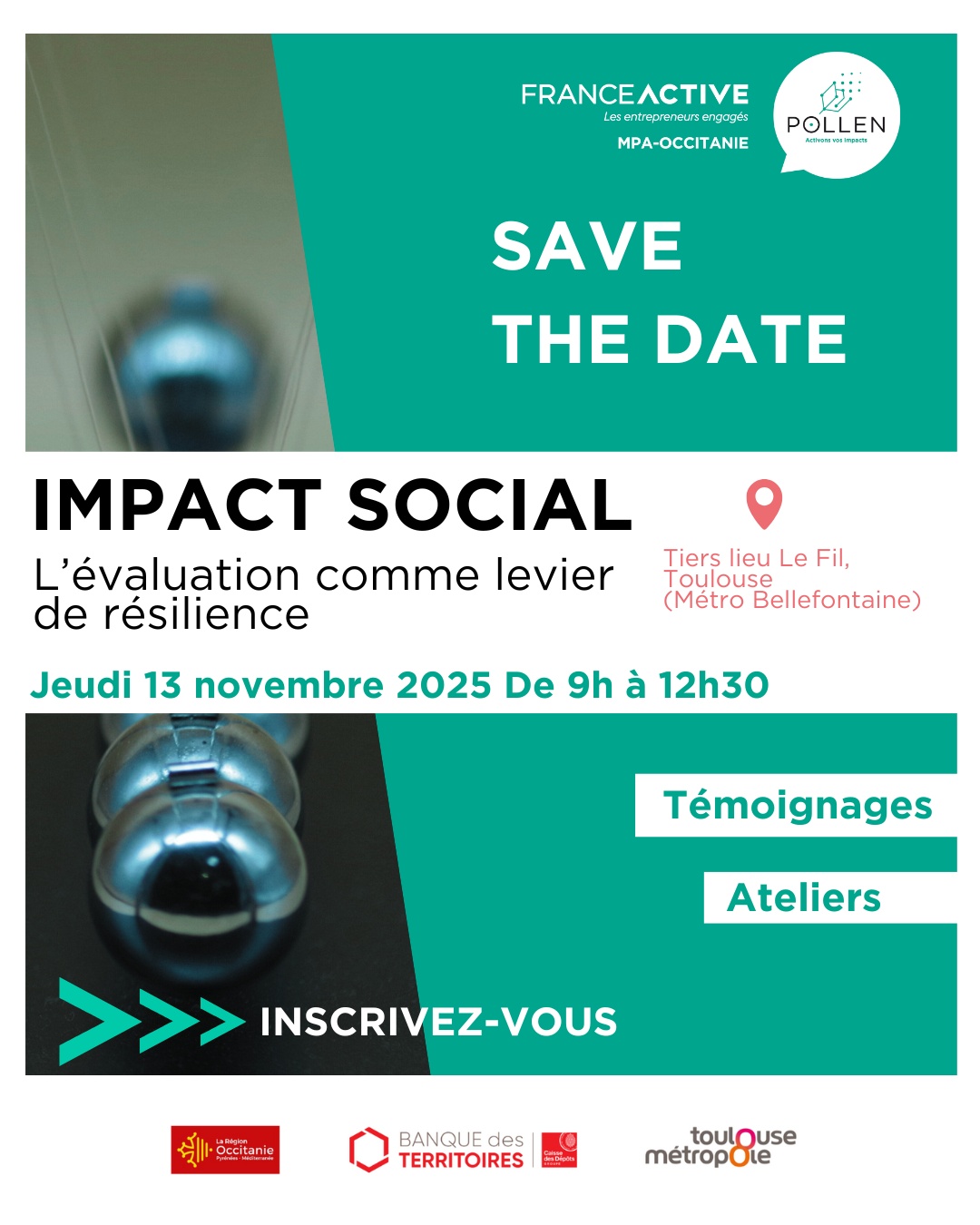 L’impact social comme levier de Résilience Save the date présentant l'évènement autour de l'impact social comme levier de résilience qui aura lieu le 13 novembre prochain au Tiers lieu le FIL organisé par France Active Occitanie