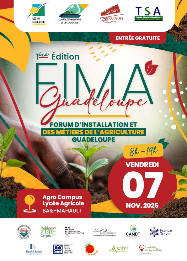 Le visuel principal montre une main plantant une jeune pousse, symbole de croissance, de transmission et d’installation durable. La palette chromatique (verts, jaunes, rouges et bruns) renvoie à la terre, aux cultures et à la chaleur du climat tropical.