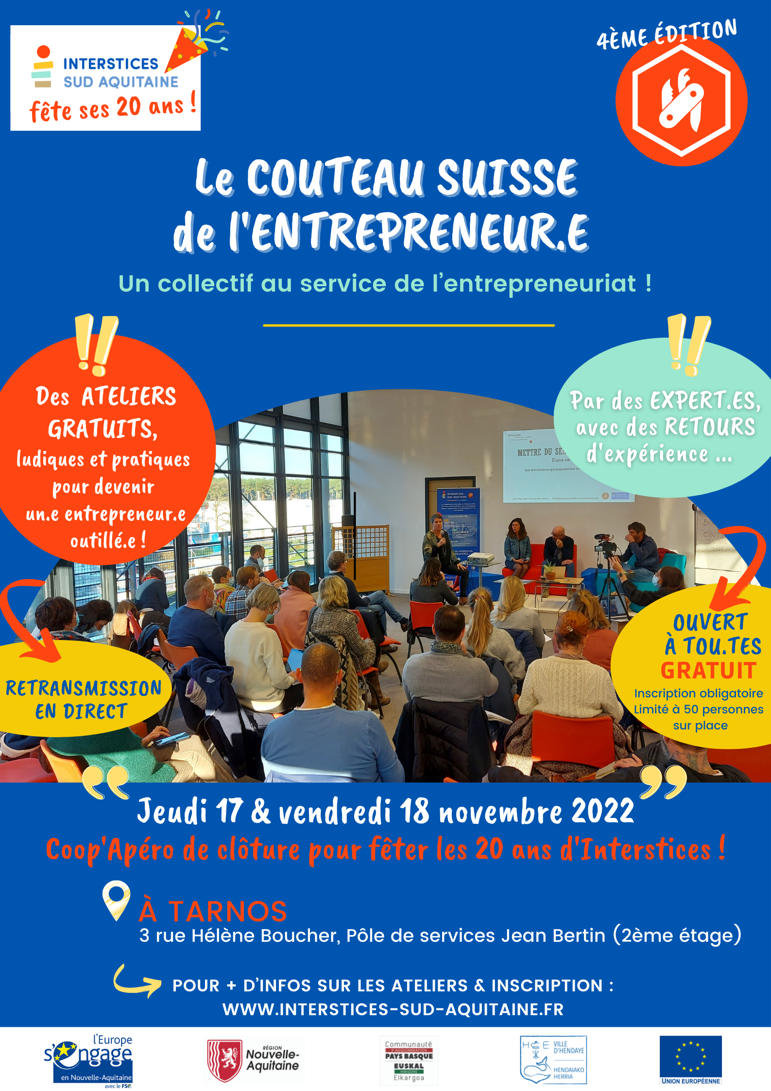 Couteau Suisse de l'entrepreneur.e 2022 Affiche de la 4ème édition du Couteau Suisse de l'entrepreneur qui aura lieu les 17 et 18 novembre 2022 à Interstices Sud Aquitaine à Tarnos dans les Landes.