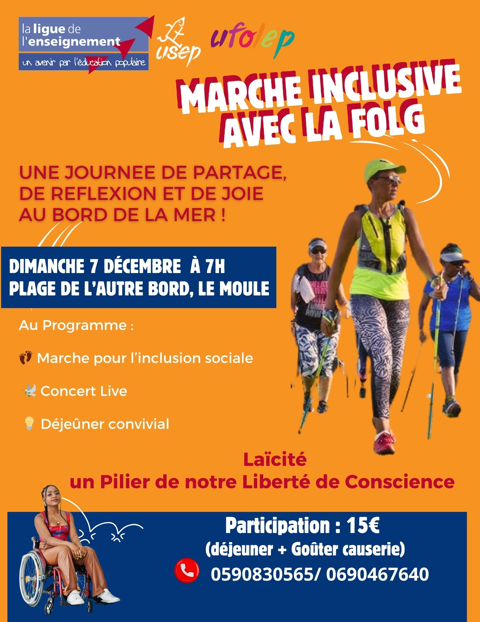 des marcheurs en randonnée sur un fond orange avec une fille en fauteuil roulant sur un fond bleu pour décrire la marche inclusive