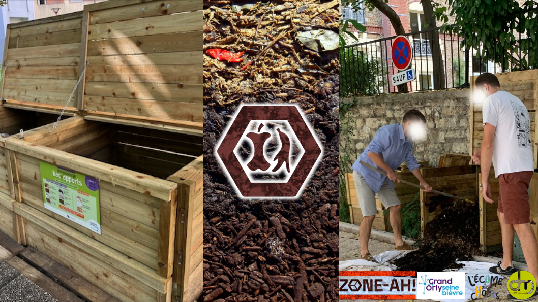 Formation au Compostage et au Lombricompostage avec DM Compost et Zone-AH! Bacs composteurs de grande capacité ouverts, illustration de l'évolution de la matière organique en compost, opération de transfert de compost dans un site de compostage partagé