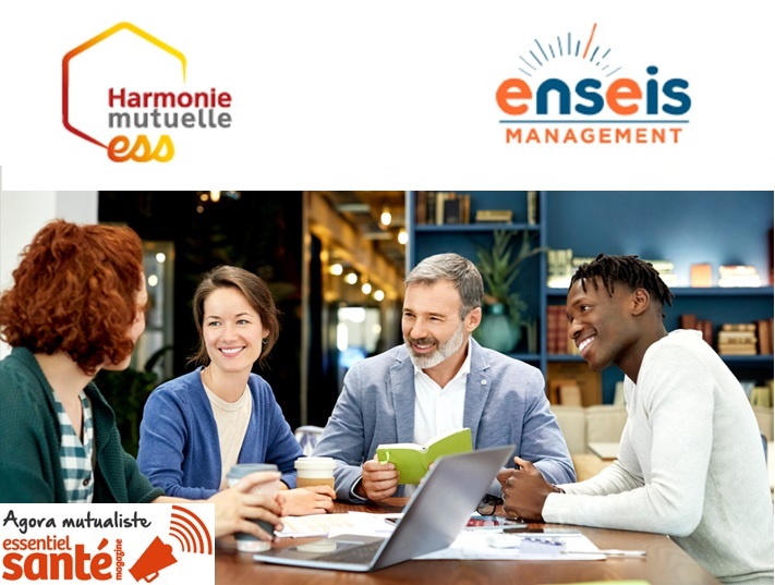 logos Harmonie Mutuelle ESS, ENSEIS Management et Agora mutualiste Essentiel Santé : Images avec des personnes autour d'une table