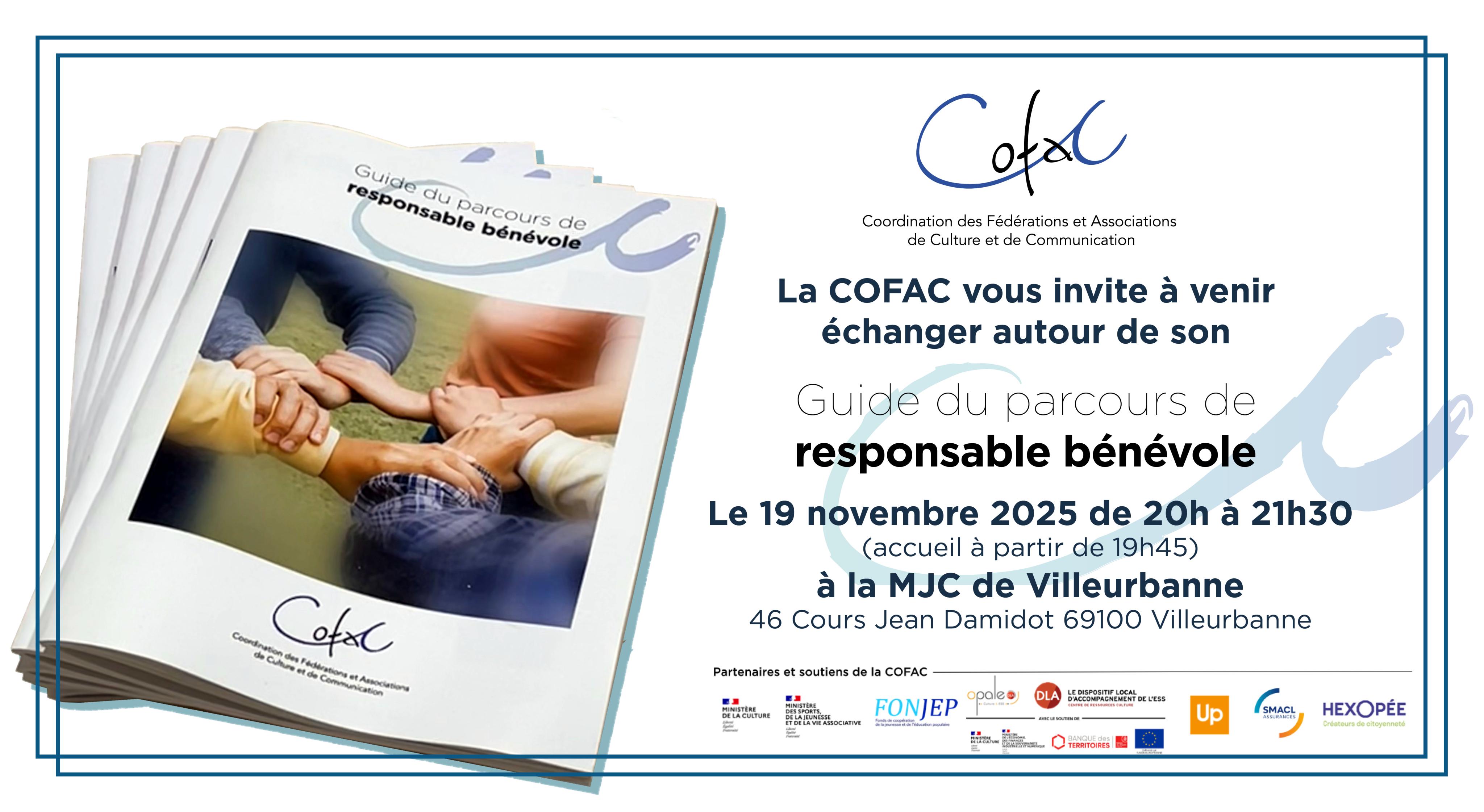 Invitation - Présentation du “Guide du parcours du responsable bénévole” le 19 novembre à 20h à la MJC de Villeurbanne Visuel d'invitation - Présentation du “Guide du parcours du responsable bénévole” le 19 novembre à 20h à la MJC de Villeurbanne