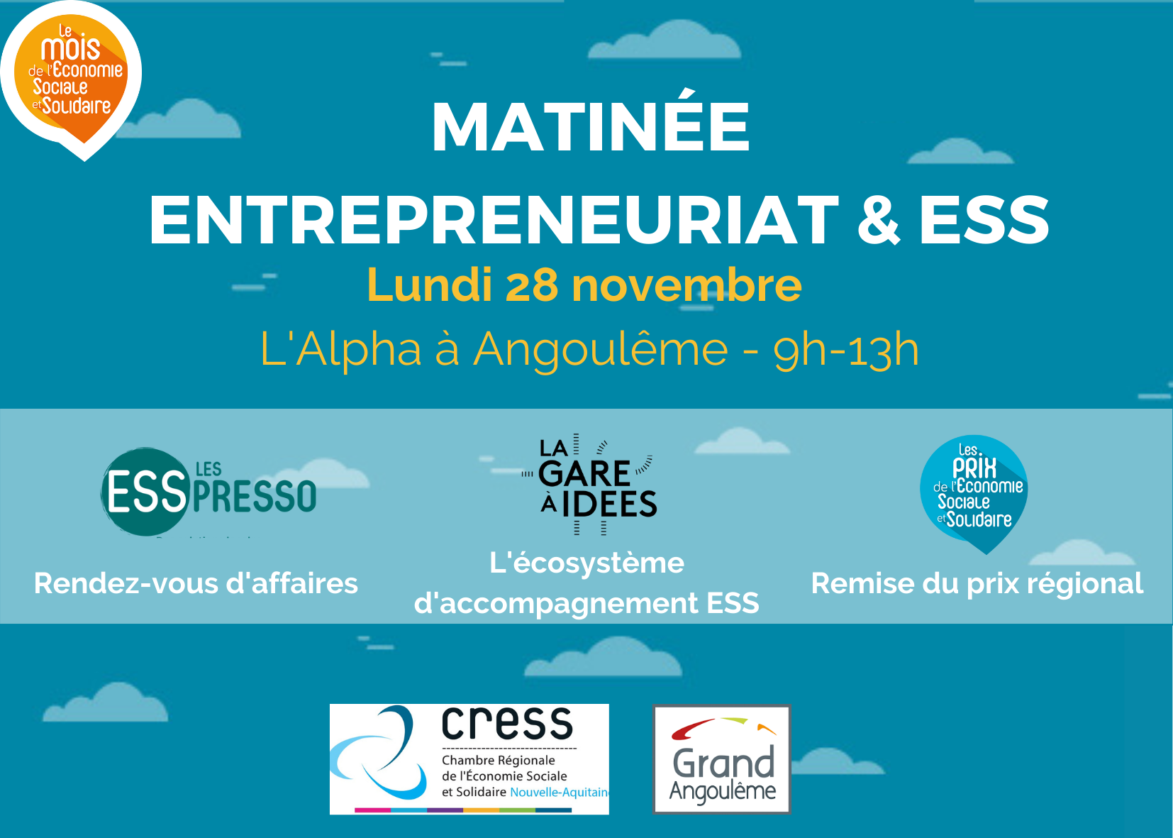 Matinee entrepreneuriat et ESS - Prix - Gare a Idees - Esspresso - Angouleme affiche Matinee entrepreneuriat et ESS - Prix - Gare a Idees - Esspresso - Angouleme