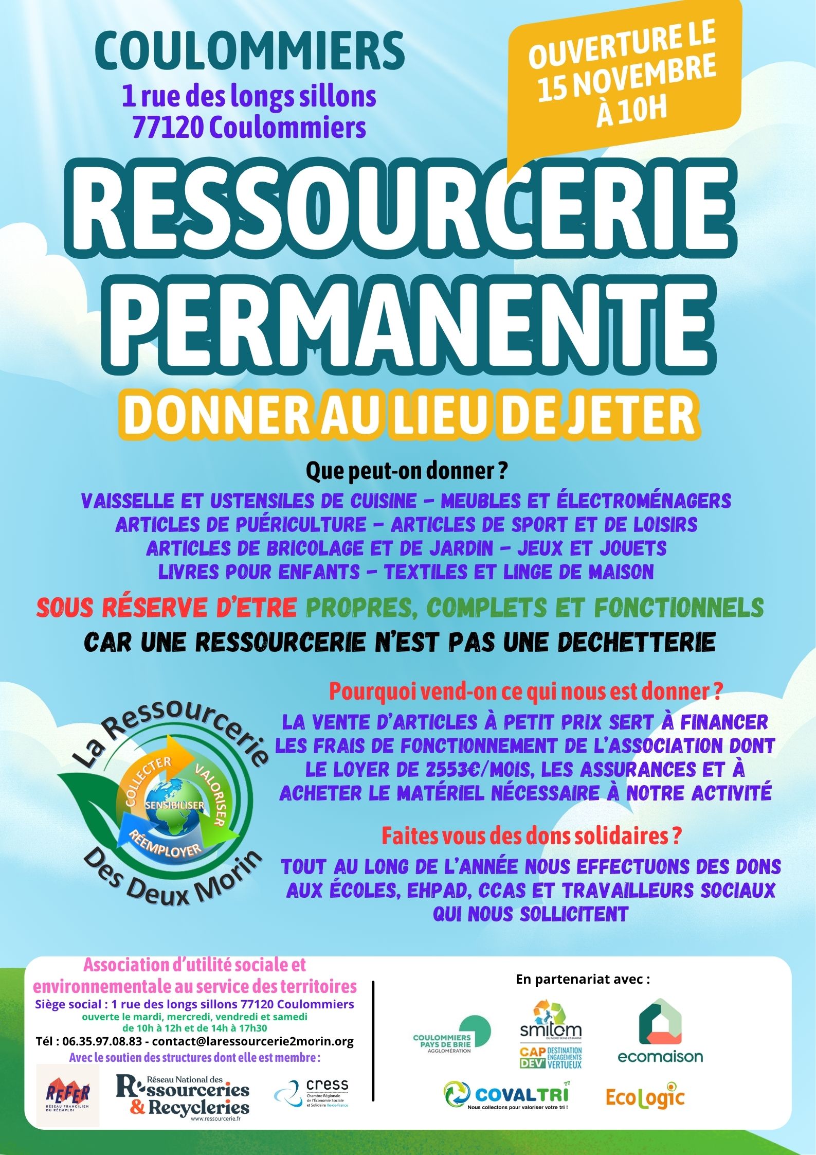 Ouverture de la ressourcerie des deux morin au 1 rue des longs sillons à Coulommiers, samedi 15 novembre à 10h