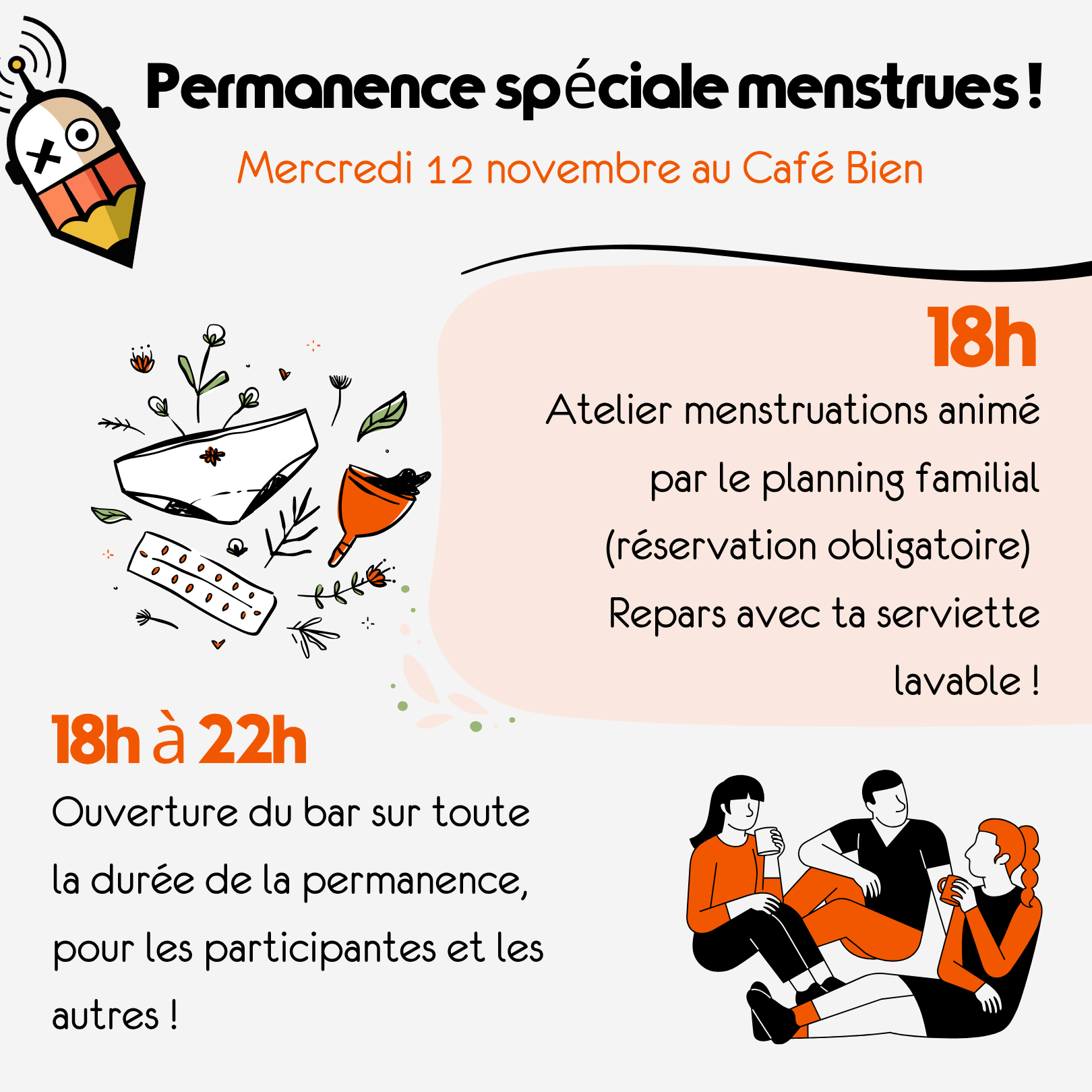 Permanence spéciale menstrues, mercredi 12 novembre à 18h