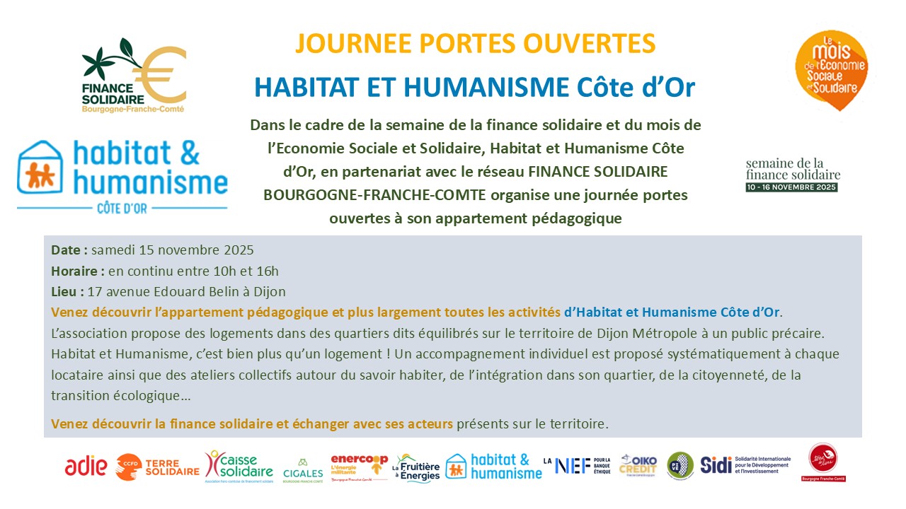 Venez découvrir l’appartement pédagogique et plus largement toutes les activités d’Habitat et Humanisme Côte d’Or. L’association propose des logements dans des quartiers dits équilibrés sur le territoire de Dijon Métropole à un public précaire. Habitat et Humanisme, c’est bien plus qu’un logement ! Un accompagnement individuel est proposé systématiquement à chaque locataire ainsi que des ateliers collectifs autour du savoir habiter, de l’intégration dans son quartier, de la citoyenneté, de la transition éco