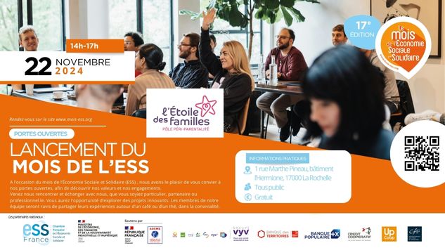 Portes ouvertes l'Étoile des familles A l’occasion du mois de l’Économie Sociale et Solidaire (ESS) , nous avons le plaisir de vous convier à nos portes ouvertes, le vendredi 22 novembre, de 14h à 17h. Venez nous rencontrer et échanger avec nous, que vous soyiez particulier, partenaire ou professionnel.le. Vous aurez l'opportunité d'explorer des projets innovants, et découvrir nos valeurs et nos engagements. Les membres de notre équipe seront ravis de partager leurs expériences autour d’un café ou d’un thé, dans la convivialité.