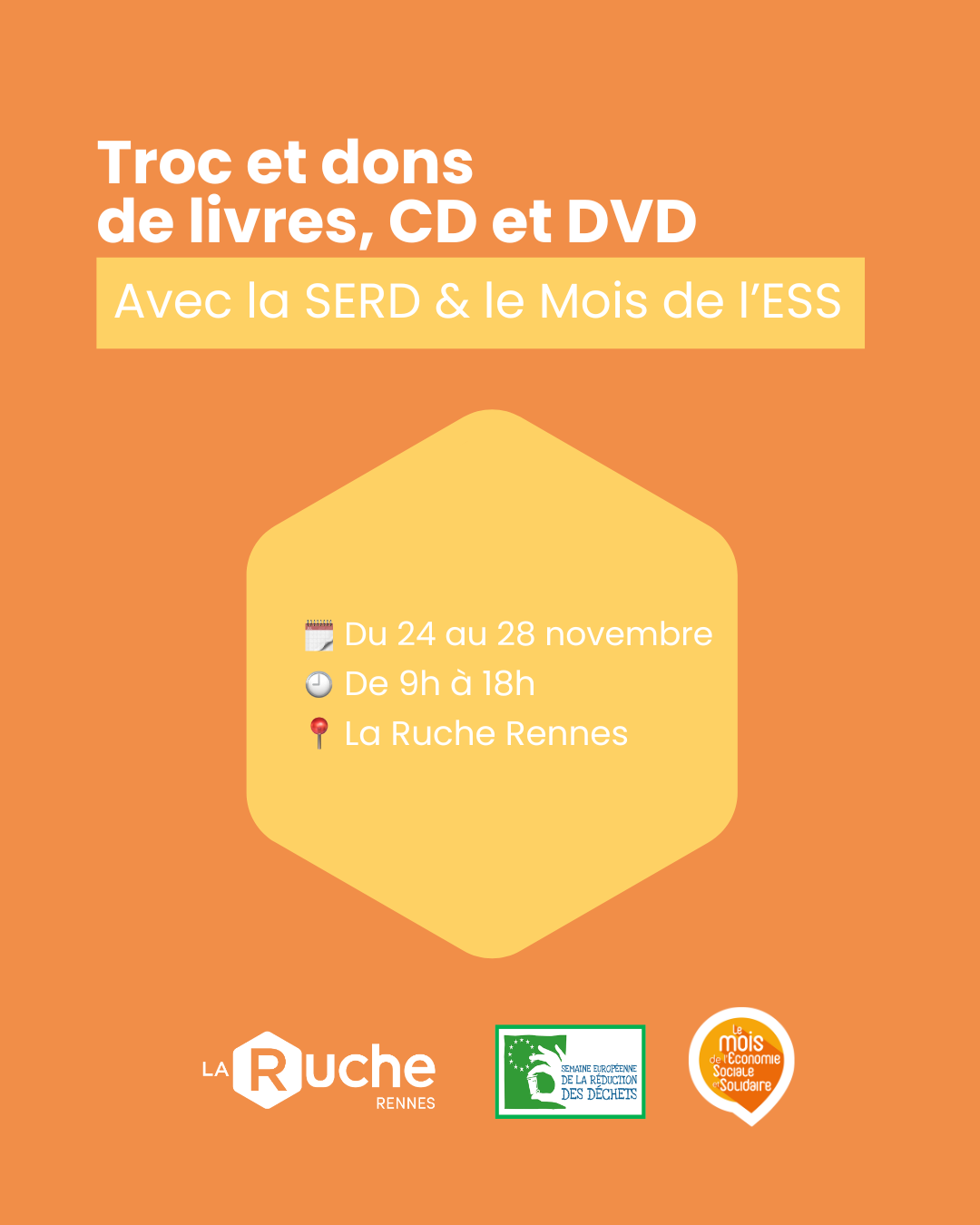 Troc et dons de livres, CD, DVD à La Ruche Rennes Troc et dons de livres, CD, DVD à La Ruche Rennes du 24 au 28 novembre 2025.
