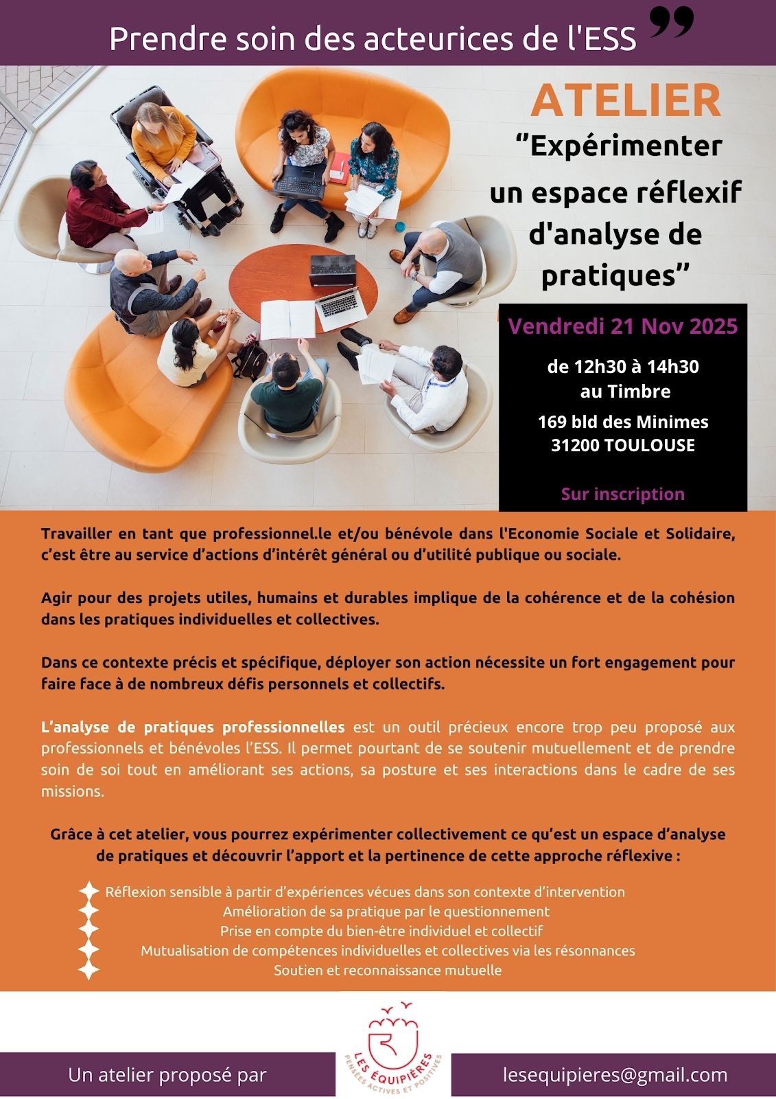 '' Expérimenter un espace réflexif d'analyse de pratiques'' Grâce à cet atelier, vous pourrez expérimenter collectivement ce qu’est un espace d’analyse de pratiques et découvrir l’apport et la pertinence de cette approche réflexive : le 27 NOV 2024 de 14h à 16h