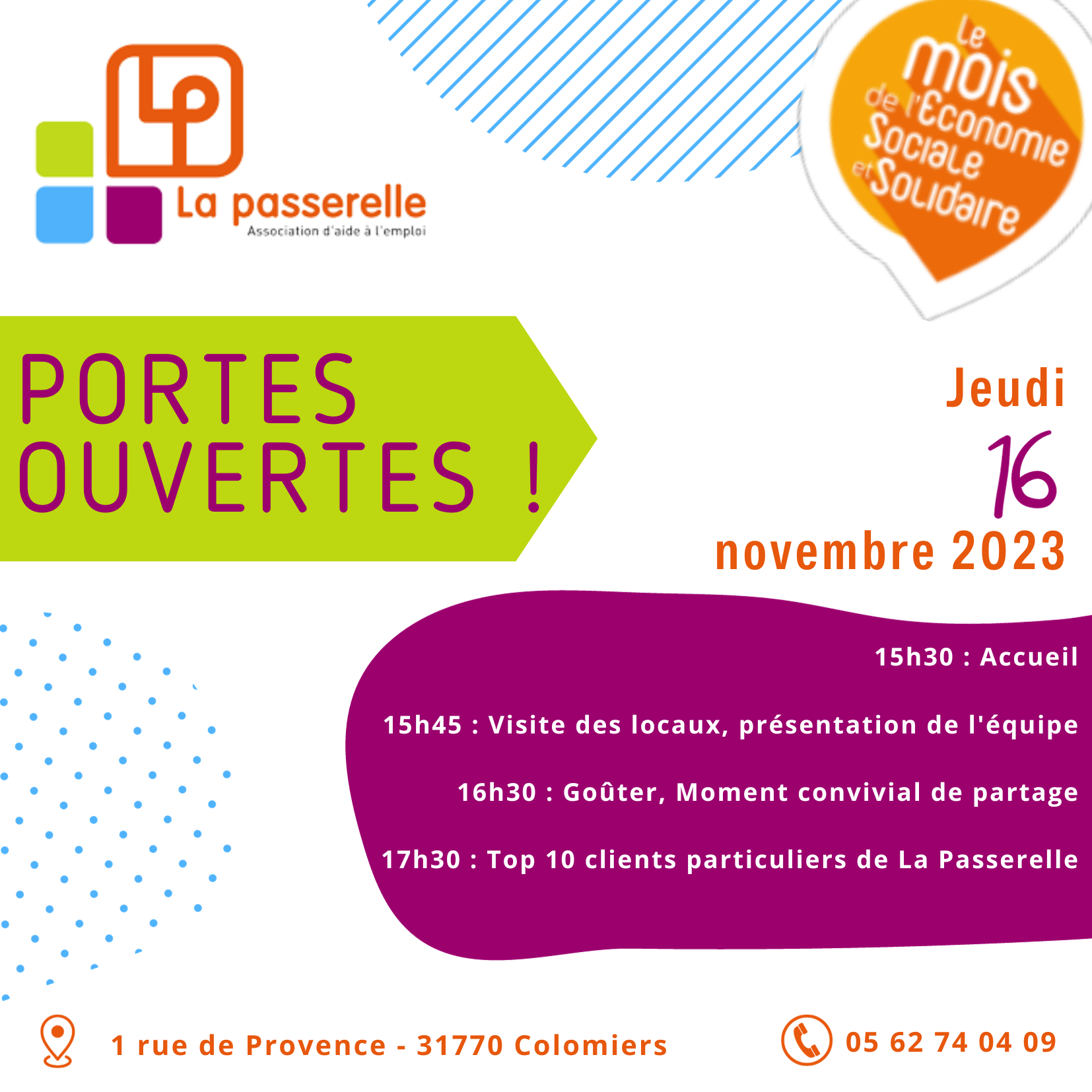 Programme portes ouvertes La Passerelle Portes ouvertes La Passerelle de 15h30 à 18h00 le 16/11/2023