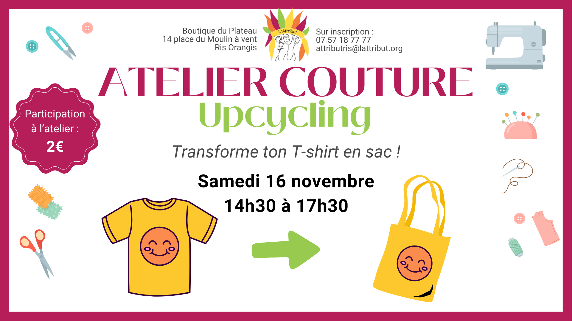 Visuel atelier couture upcycling "transforme ton t-shirt en sac"